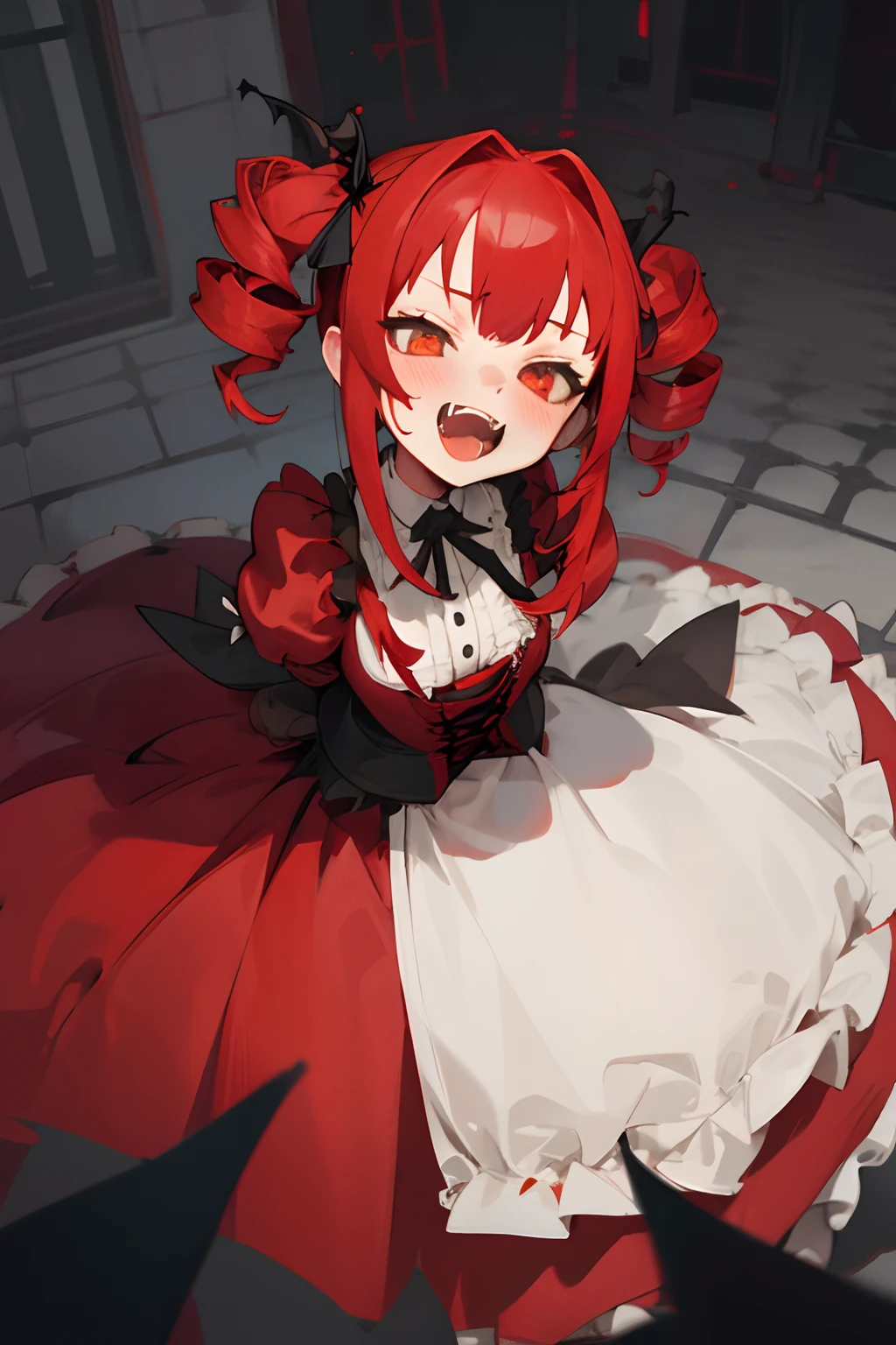 1girl, ((fangs:1.2)), crimson gothic dress, twin drills, red hair blush, looking away, head tilted, from above, castle