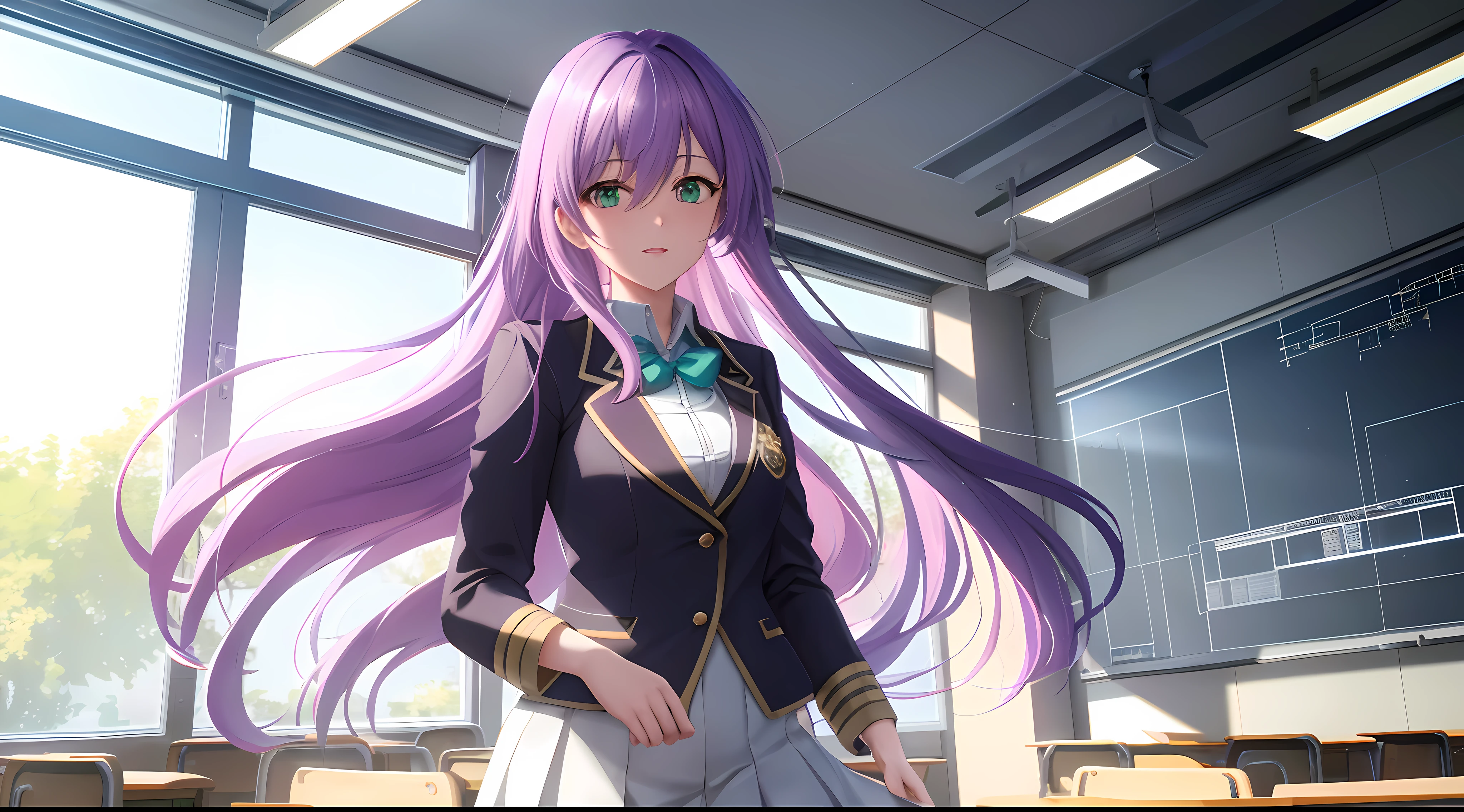 Athena with plain long light purple hair,hair between eyes,green eyes,rosy cheeks,full lips,thin eyebrows,slender body,wearing school coat and full long skirt,cute anime girl,full body,classroom hall in background,anime style,Lumen Reflections,Screen Space Reflections,Diffraction Grading,Chromatic Aberration,GB Displacement,Scan Lines,Ray Traced,Anti-Aliasing,FXAA,TXAA,RTX,SSAO,Shaders,OpenGL-Shaders, GLSL-Shaders,Post Processing,Post-Production,cell Shading,Tone Mapping,CGI,VFX,SFX,insanely detailed and intricate, 4K,standing, solo, masterpiece, best quality, detailed face, detailed eyes, highres, standing, solo,masterpiece, best quality
