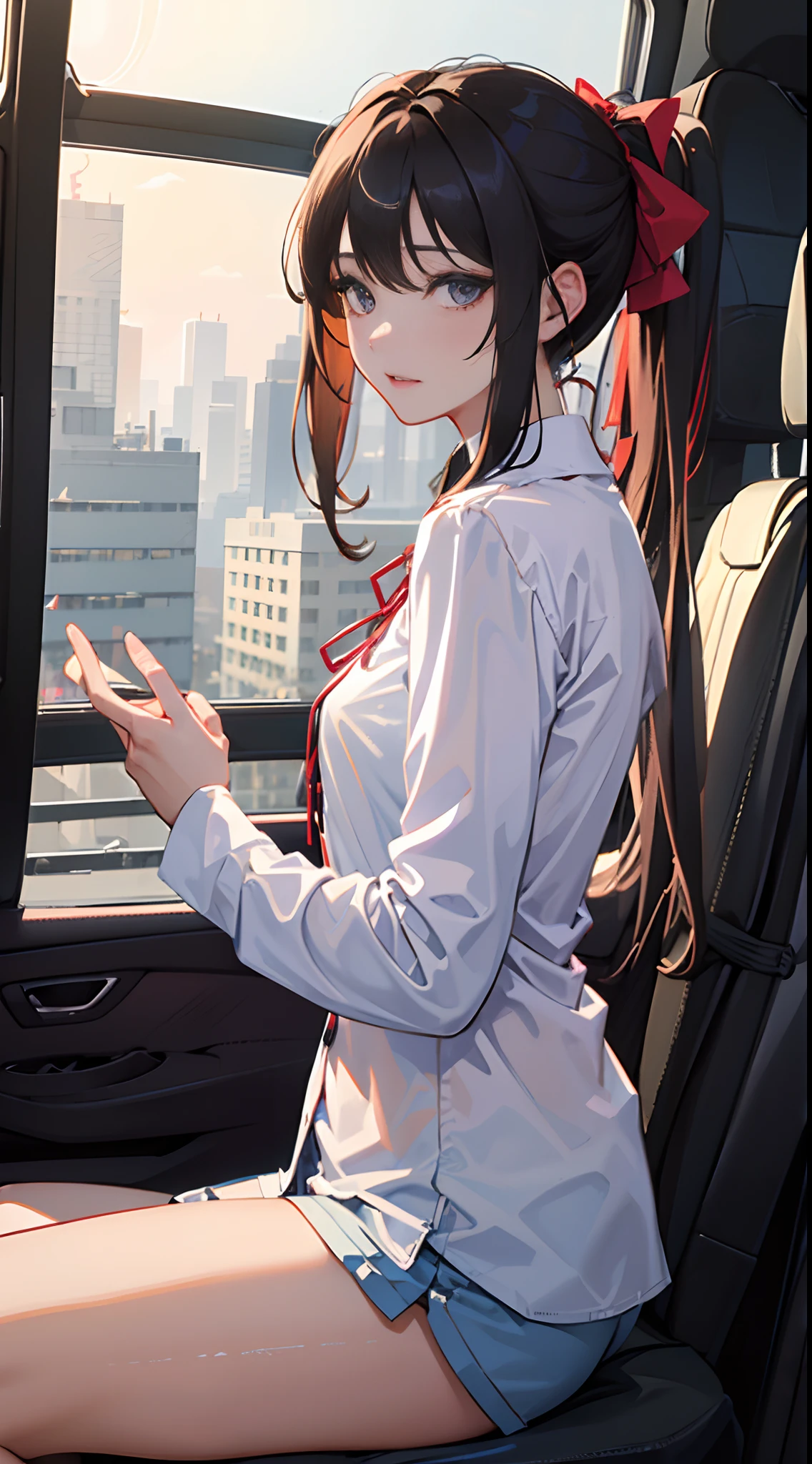 (Elaborate beautiful eyes and detailed face,masterpiece sidelighting,masterpiece,top-quality,detaileds,high-resolution illustrations), (Urban Techware, Cybernetic Background, Sunny city), (1girl,full bodyesbian,a beauty girl,Glossy skin,Drive a car)、(A dark-haired、Akame、falda corta、bow ribbon、Button shirt)