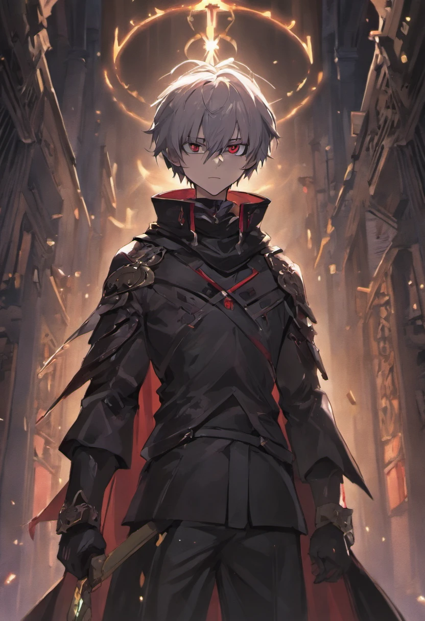 (ultra-detailed CG unit 8k wallpaper, Master parts, Best quality, depth of fields, hdr), 1boy, anime character, short silver hair, long black cape, turtleneck, serious, mask in the eyes, The mask is painted with a scary smile, white mask, The mask fits the face just right, on top of a old town (night) , vigilant, trained physique, assassin style, black clothing all over the body, agile, light armor, anime (Master parts: 1.4) (illustration: 1.4), Red studio lighting, Post-processing, 8K resolution, deep dark background, imponent, Well-composed photos, Impressive, (darken: 1.5)