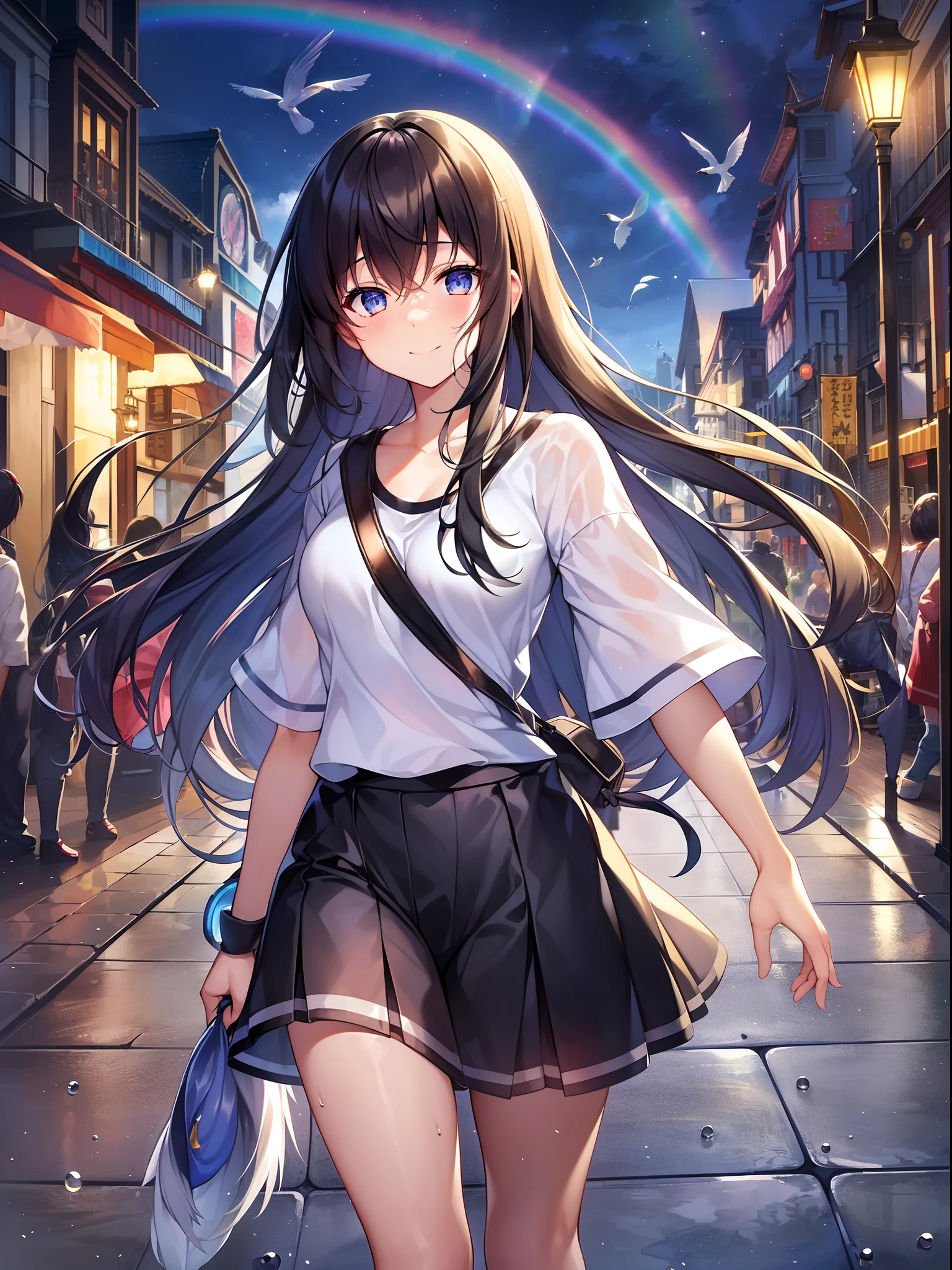 Outrageous resolution、masutepiece++,top-quality++,ultra-defined++, ultra-defined++,4K++,8K++,(Background Focus)++, Highly detailed, Viewer's Perspective、((firmament))++、((One girl))++, ((Feathered shoes)), (((Feathered shoes)))++++,(((Girl Walking in the Sky)))+++,(((Hair fluttering in the wind)))++++,((a bird))++,((rainbows)) ++,((Sports Clothing))++,(A dark-haired) +,(Mischievous smile), (Super shiny hair and skin), (Moonlight),((Beautiful)), Perfect eyes, Perfect hands, Perfect nose, Magic Battle Dark, Bright atmosphere, (wet effect) +, (light effect), (Cinematic Light) + , (Like a movie of light) +