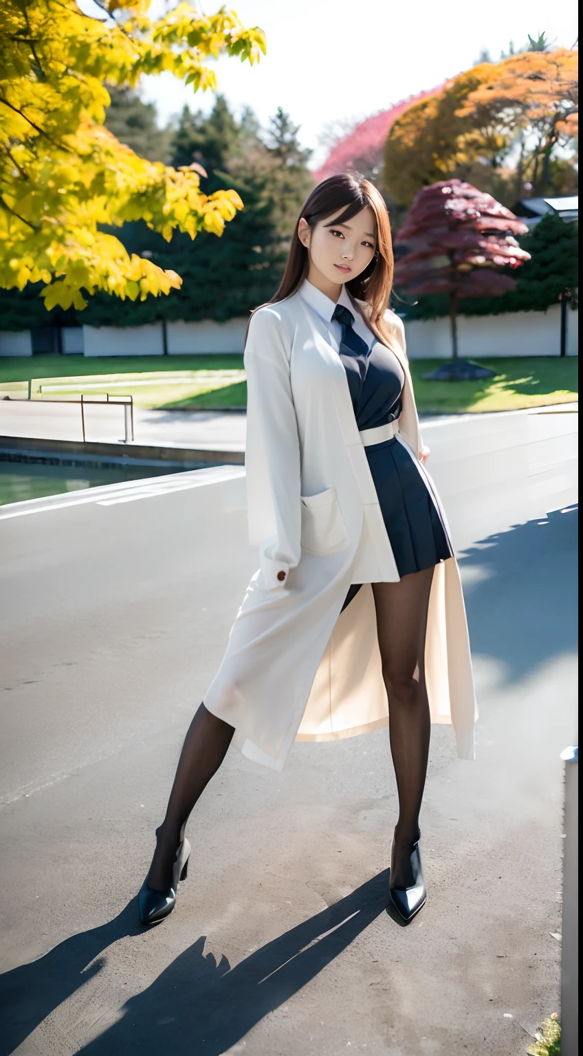 mix4, (16 K, Raw photography, Top image quality, masterpiece: 1.45), (realisitic, Photorealsitic: 1.37), one girls, Random hairstyle、Standing figure,Glossy bean peel、Morning time slot、a very cute,a park,Trees with autumn leaves, profetional lighting, photon maping、physically-based renderingt, Gradient dark brown hair,, a handsome, Well-groomed and beautiful eyes、Large double eyelids、Very shiny、girl with, (((校服、Winter clothes、Uniforms worn by Japan female students、White shirt、White cardigan、Dark blue color、Black mini skirt、high socks、lowfers))), Top Quality Photos, hight resolution, 1080p, (clearface), (Detailed face description), (Detailed hand description), (masterpiece), (Exquisite CG)、extreme light and shadows、dishevled hair、master work、abundant detail、(Fine facial features)、(top quality photo)、(masuter piece)、(A detailed eye)、Looking at the camera、Fine clavicle、((Slender big))、(((Japan schoolgirl in uniform)))、((Ready Idol System))、((a park、Slide、The fountain、seesaw))、(((neat and cute)))、耳Nipple Ring、A big smile、Drawing the whole body from the knees、Do not draw nasolabial folds、(((Cute uniform)))、(Big breasts that hang down big:1.4)、Big buttocks with tension、Two arms and two legs、(((from the front side:0.2)))、bare hand、No mask、Ginkgo in autumn leaves