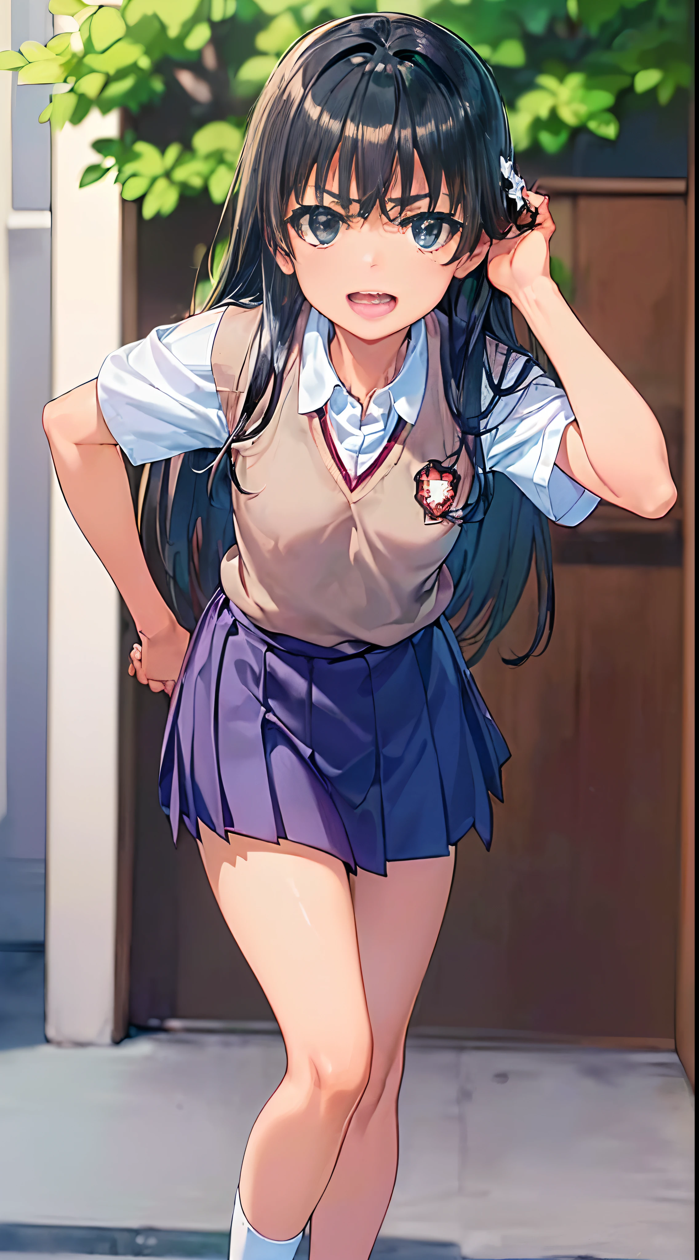 nsfw,alone, (One girl),  girl,8-year-old, ((Whiteties)(wearing only the top half of sailor school uniform),sexy, (Cowboy Shot),  ((Put your arms behind your head)), classroom, With a girl：hair is black and short, Her face is round and cute, Black Hair, short hair, (Are standing),(Shy, Embarrassing),from below,from the front,(pussy juice),