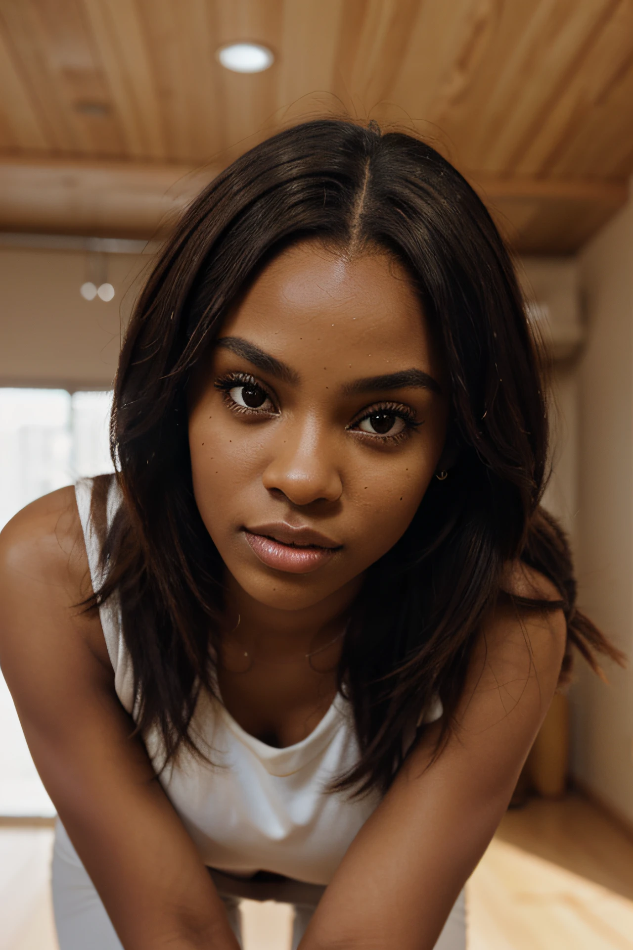 sexy african american 20 -year-old black girl with brown eyes, ultra realistic, meticulously detailed, brown hair and large eyes, selfie of a young woman, natural makeup, looking directly at the camera with straight face, face with artgram, in the gym doing squats, 8k, hyper-realistic, tika sumpter, details in eyes, no shadows in the face, high key soft light, softbox,