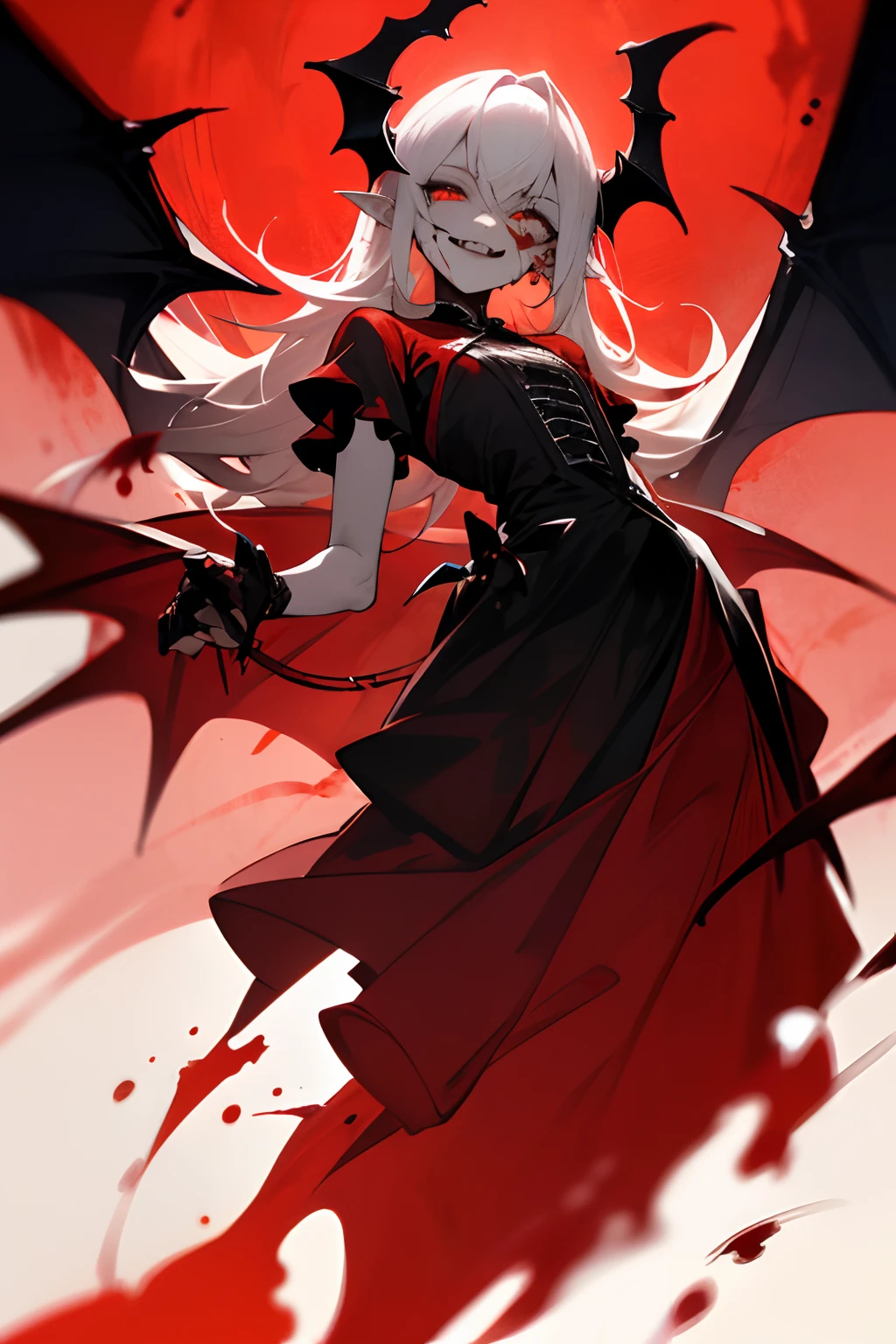 (Masterpiece: 1.2, best quality), (best lighting, very delicate and beautiful), (best lighting, very delicate and beautiful), (beautiful detailed face), (detailed eyes and detailed face: 1.2), dark fantasy, vampire, (young girl, little beast, 1girl, solo, crazy smile, pale skin, gray hair, red glowing eyes, blood tears, dynamic angles, dynamic poses, vampires, vampire fangs), (get vampire castle in the background), (red moon, red sky), pointy_ears, fangs, bat wings, demon horns, ((blood on the face))), blood rain, blood fog, (depth of field), high contrast, (blood splash: 1.4), cowboy shot, full body,