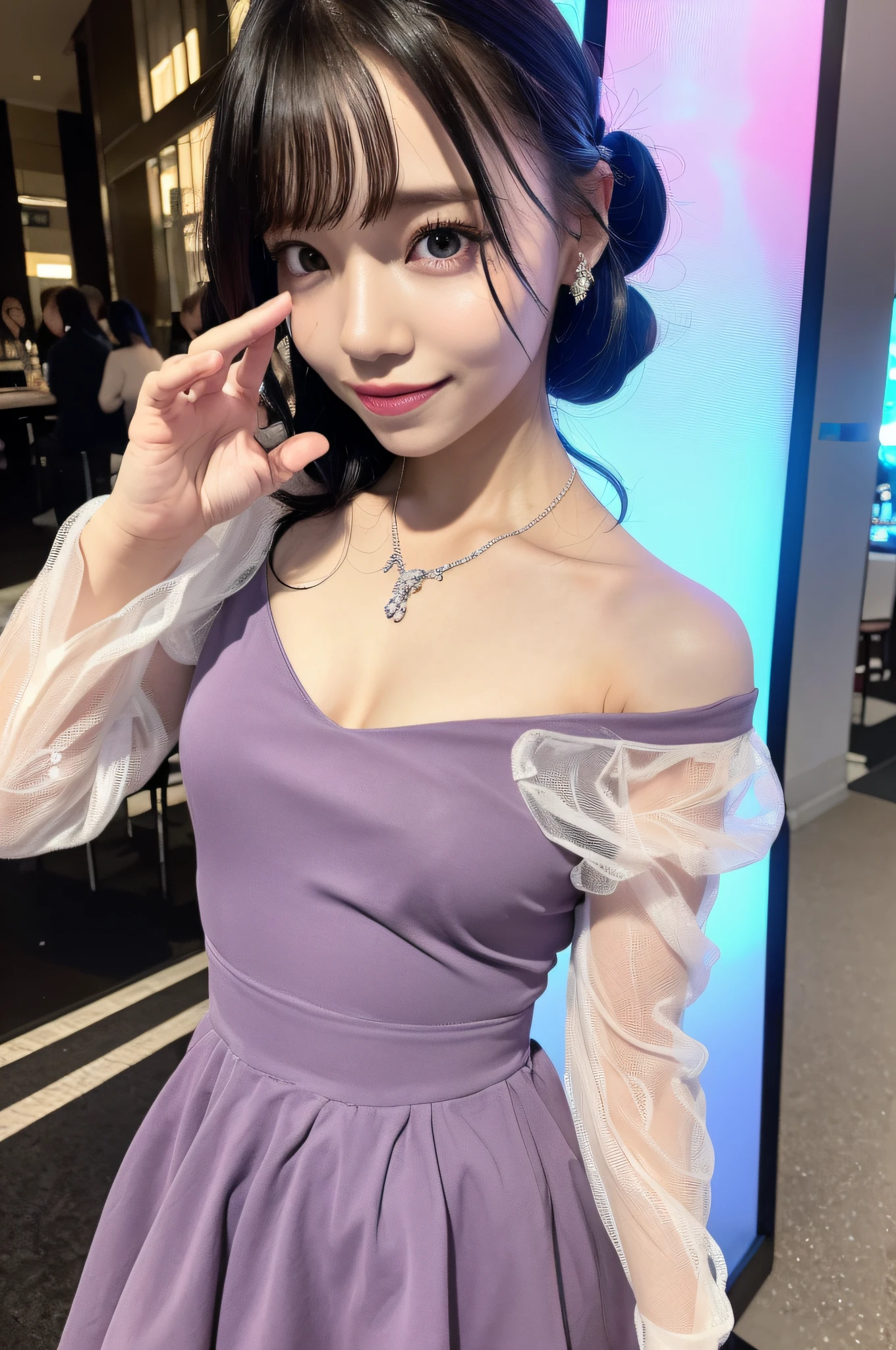 8K, masutepiece, Raw photo, Best Quality, detail:1.2),Photorealistic, Highly detailed CG Unity 8K wallpaper, depth of fields, Cinematic Light, Lens Flare, Ray tracing, (Extremely beautiful face, Beautiful lips, Beautiful eyes), intricate detail face, ((Ultra detailed skin)) 1girll, In the Dark, deepshadow, Pretty Korean girl, Kpop Idol,(very slim and slender muscular body:1.3), ((view the viewer)),(Big smile), (bodycon minidress), (Injection sleeve) , (City Night, (Neon Light Sign), (Night), Pretty Korean girl, earrings, bangle, Necklace, pantyhose, Clear eyes, Walking , (pale skin), Face forward, (Big eyes), ((upperbody shot)), tight dresses, Silk dress, laced dress, (see through dress), turn back, Back shot, Very slim, slander, updo hair, Magenta dress, Skinny Ultra Mini Skirt,The chest is exposed