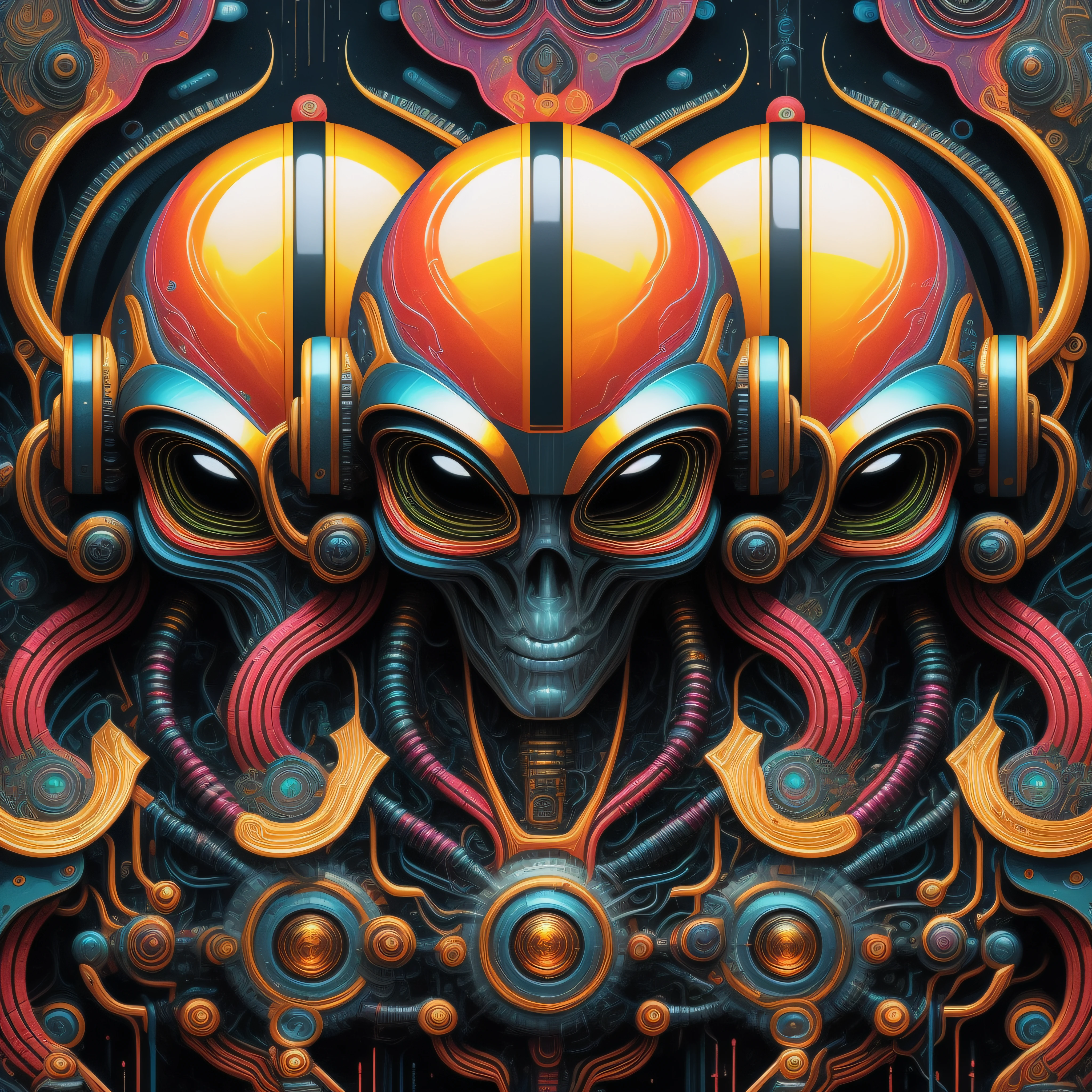 a close up of a poster of a alien with a large head, dan mumford and alex grey style, highly detailed digital artwork, sci-fi digital art illustration, 4k highly detailed digital art, heavy metal art style, in the style dan mumford artwork, detailed digital artwork, hyper detailed digital art, ultra detailed digital art, psychedelic organic cyborg