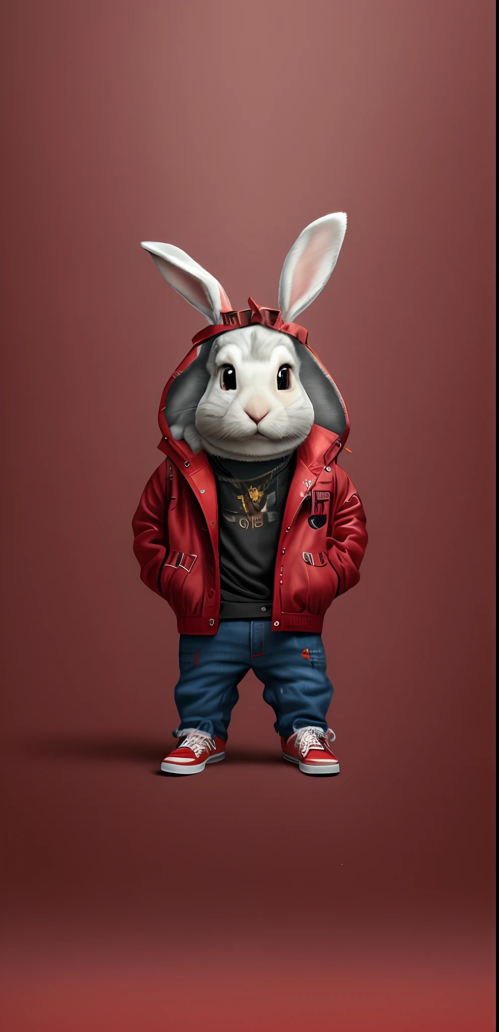 There was a rabbit in a red jacket and red jeans standing, electrixbunny, bad bunny, Hyper-realistic rendering of Bugs Bunny's portrait, rabbit robot, highly detailed character