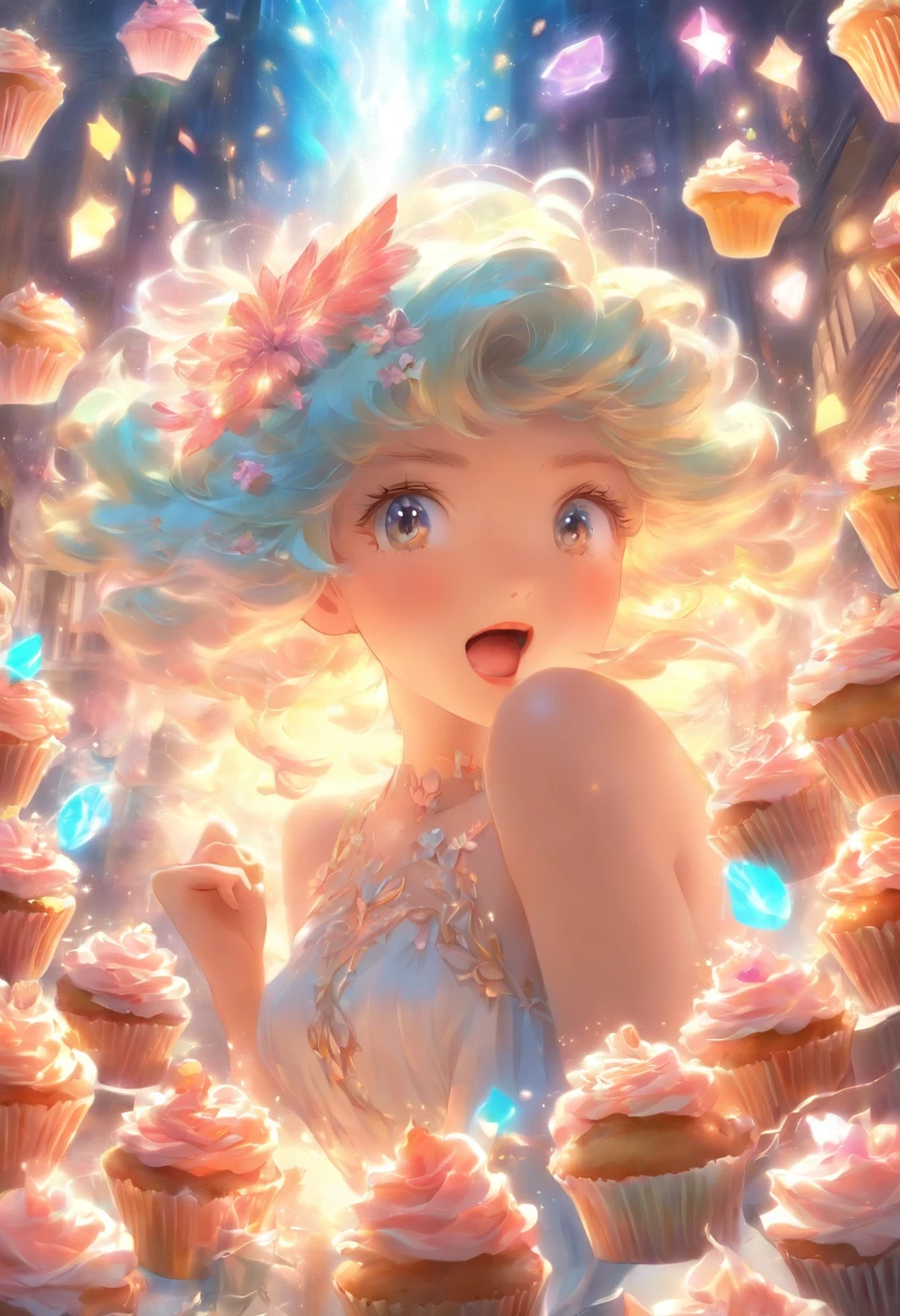 (best quality,ultra-detailed),sweet girl,ethereal,magical kitchen,beautiful detailed eyes,beautiful detailed lips,flowy dress,elegant pose,halo,glowing cupcakes,soft sunlight,dreamy colors,fantastical art,imaginative,mythical,otherworldly,adorable expression,alluring presence,harmonious nature,dancing with cupcakes,glowing,transcendent beauty
