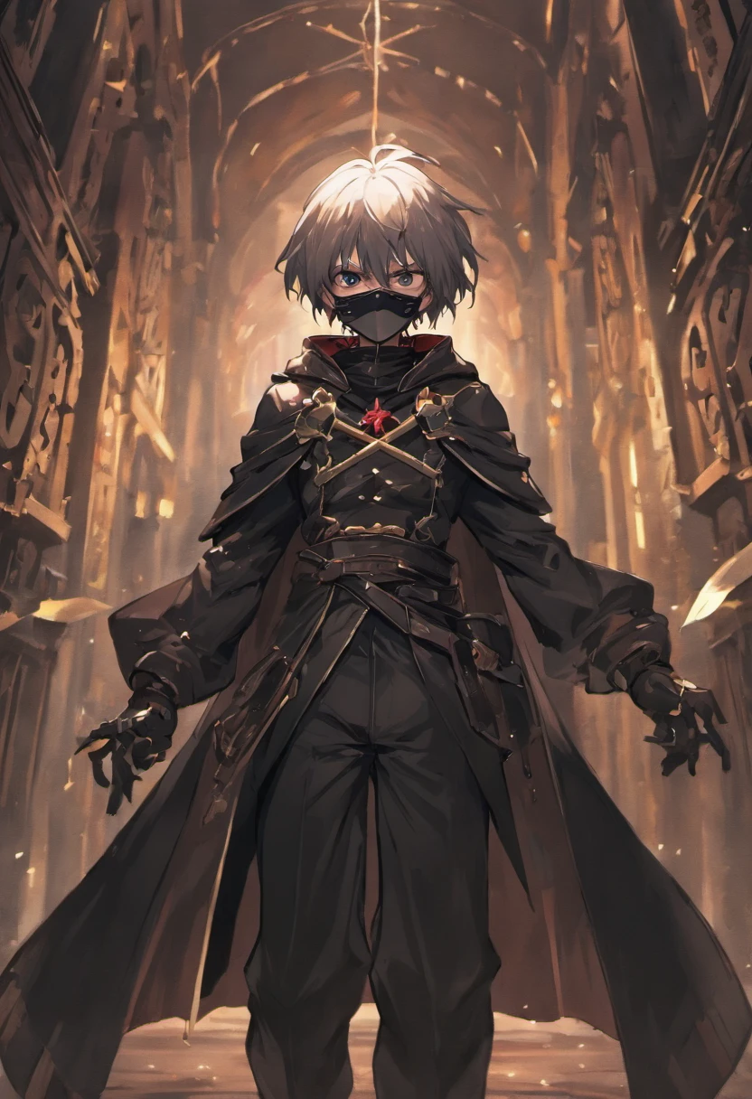 (ultra-detailed CG unit 8k wallpaper, Master parts, Best quality, depth of fields, hdr), 1boy, anime character, short silver hair, long black cape, turtleneck, serious, mask in the eyes, The mask is painted with a scary smile, white mask, The mask fits the face just right, on top of a old town (night) , vigilant, trained physique, assassin style, black clothing all over the body, agile, light armor, anime (Master parts: 1.4) (illustration: 1.4), Red studio lighting, Post-processing, 8K resolution, deep dark background, imponent, Well-composed photos, Impressive, (darken: 1.5)