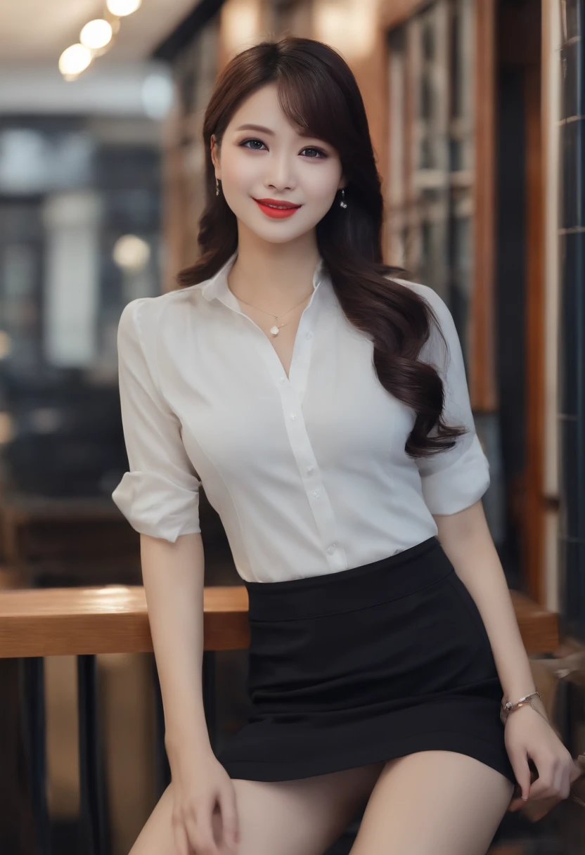 ((Best quality, 8K, Masterpiece :1.3)), Whole body, Sharp focus :1.2, Pretty Women with Perfect Figure :1.4, Slender abs :1.2, ((Dark brown hair, Big breasts :1.2)), Body dress :1.1, (night cityscape, Modern Balcony :1.1), Highly detailed face and skin texture, Detailed eyes, 二重まぶた, small busts, office lady uniform, Office wear, White T-shirt, Exposed cleavage, (Black pantyhose), (), interior scenes, Office
