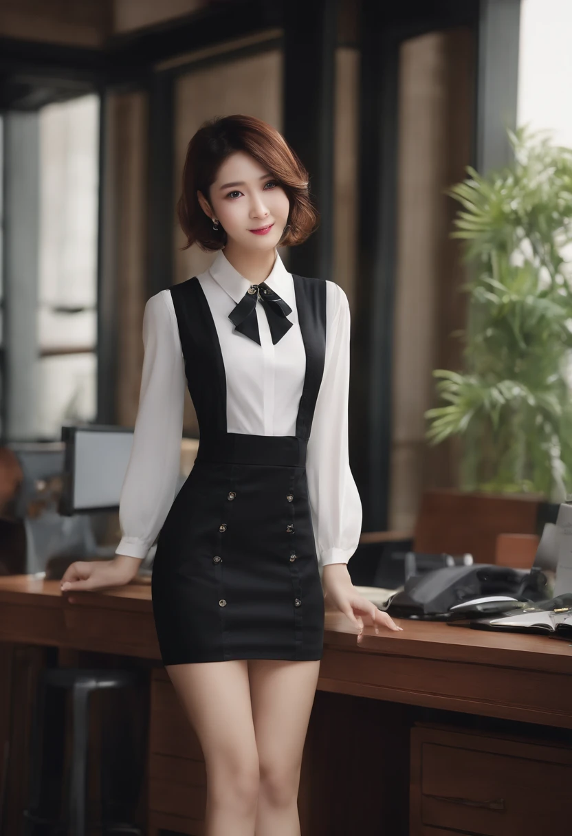 ulzzang-6500-v1.1,  (Raw photo:1.2), (Photoreal),(genuine: 1.4), (muste piece), highest quality, shape, Super detailed, finely, High resolution, 8k wallpaper, 完璧なダイナミックな構shape, beautiful and detailed eyes, (plaid vest), , harsh trial, (super realistic pantyhose:1.2), skirt and thick medium hair,, natural color lip, bold sexy pose, (very affectionate smile:1.2)、23 year old girl、cute、sexy shot looking at camera, realistic skin texture、shiny skin、exposed thighs!!! (full body shot:1.3),
