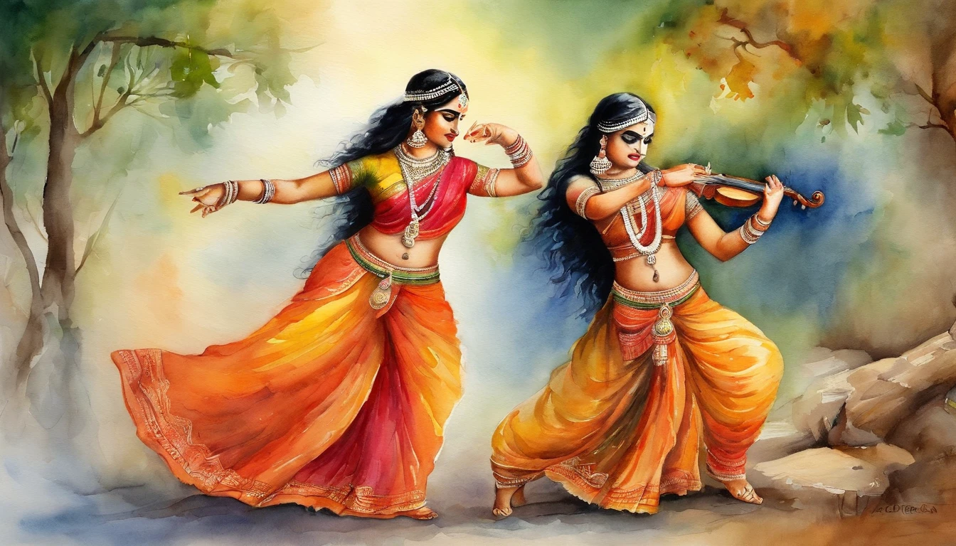 Masterpiece, best quality, Indian culture, Radhe Krishna, dancing together,