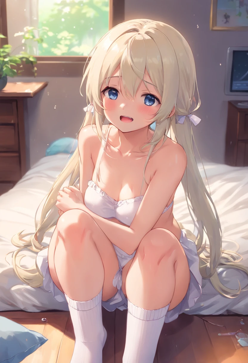 Cute loli，long whitr hair，Leaky shoulders，Barefoot，head looking up，Lie on the ground，Raise your feet， Naked. Clothing that exposes. baggy clothes.，White underwear panties，largeeyes，Anime cute face，Loli，Long white socks，Wet da，huge tit，Tethered，Eyes are confused,Painful face、Blushing、(Crying:1.5)、((Panting、Wheezing))、jerking off、(((squirting)，(Sexual position),