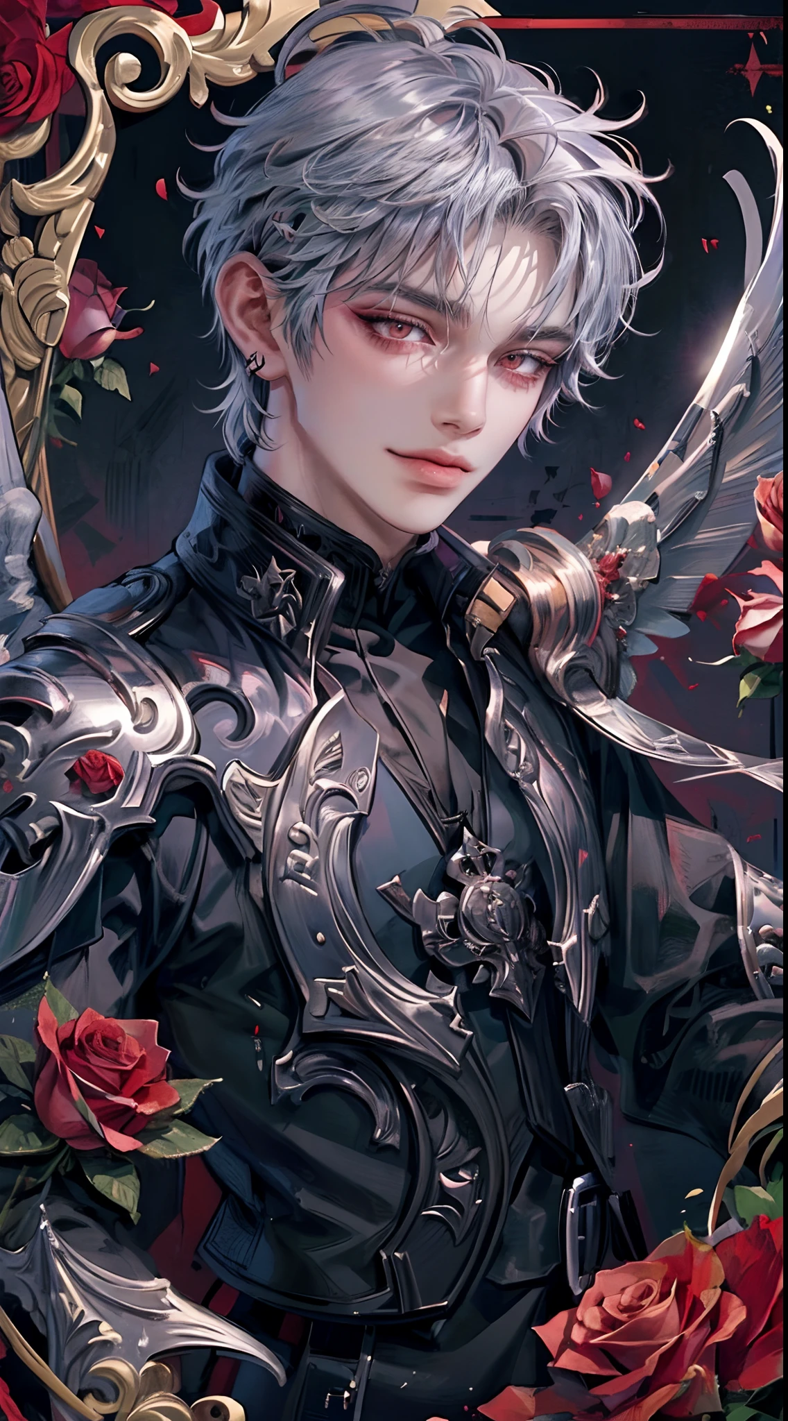((4K works))、masterpiece、(top-quality)、((high-level image quality))、((One Beautiful Fallen Angel Man))、King of Fallen Angels、Slim body、((Vampire Black Y-Shirt Fashion))、(Detailed beautiful eyes)、((Red roses and crows on fantastic black background))、Inside the Evil Castle、((Face similar to Chaewon in Ruseraphim))、((Fallen Angel Hair))、(((bright silver hair)))、((Smaller face))、((Neutral face))、((Evil face))、((Red Eyes))、((Korean Male))、((50 years old))、((wild boy))、((Evil look))、((evil smile))、((Show your teeth and smile))、((Korean makeup with black eyeshadow))、((elongated and sharp eyes))、((Shot alone))、((Fallen angels))、Photos of fallen angels、Villain、Dark Proof、((Shot diagonally from the side))、Fallen Angel Pose