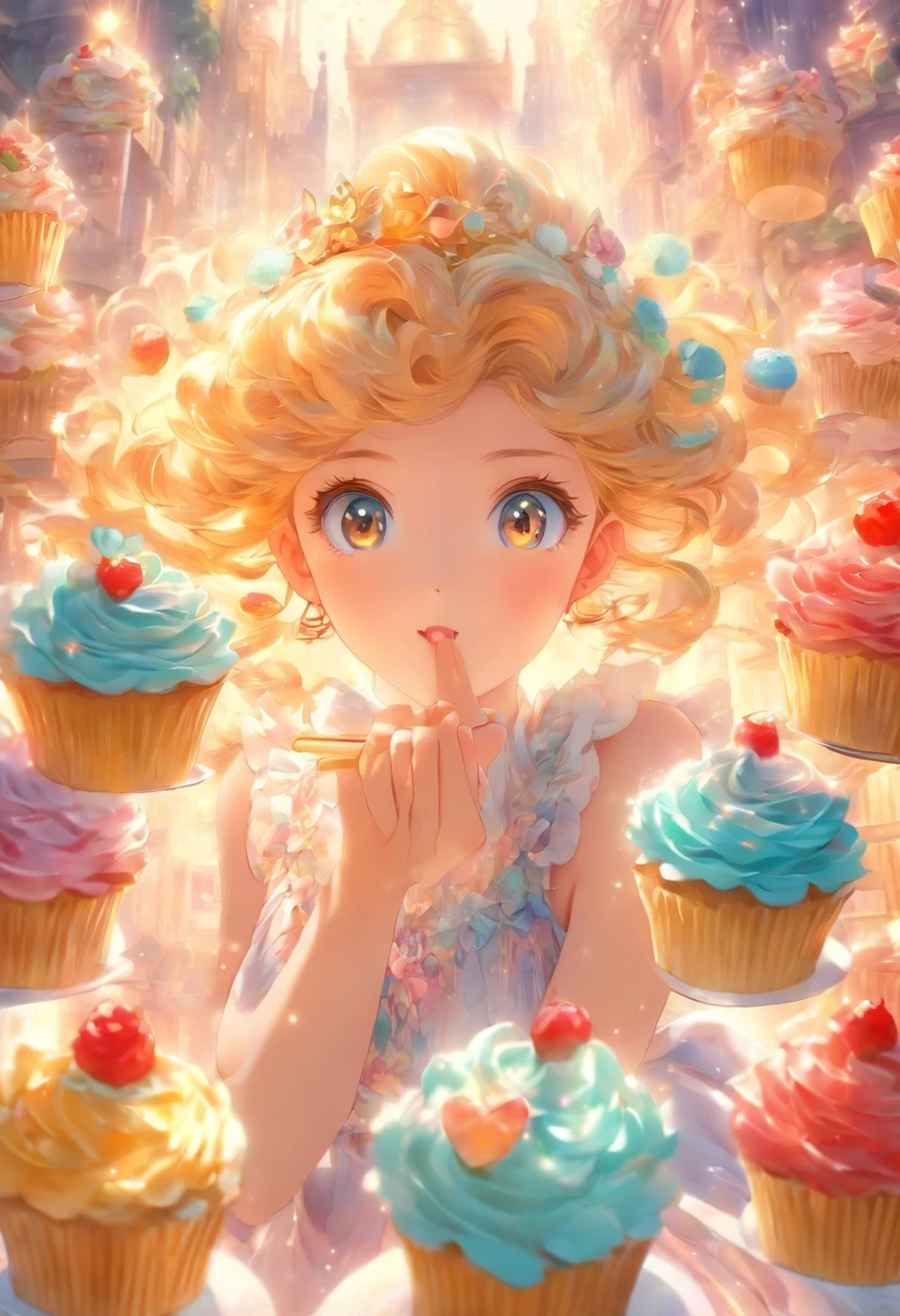 (best quality,ultra-high resolution),sweet girl,ethereal,magical kitchen,beautiful detailed eyes,beautiful detailed lips,flowy dress,elegant pose,halo,soft sunlight,dreamlike colors,fantastical art,mythical,otherworldly,adorable expression,alluring presence,harmonious nature,dancing with cupcakes,luminous,transcendent beauty
