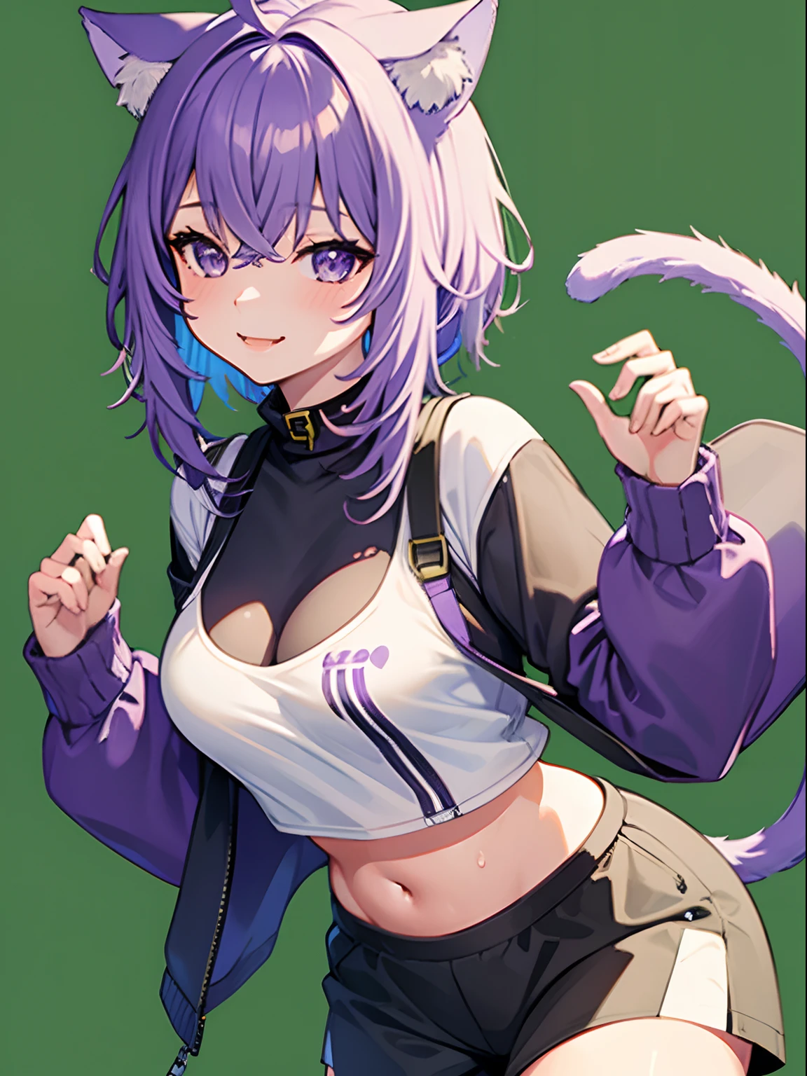 (masterpiece, best quality), 1girl, solo, Nekomata Okayu, purple hair, cat ears, Smiling, (sweater, exposed belly, cowboyshot), sweating, looking towards the viewer, (green background, transparent background)