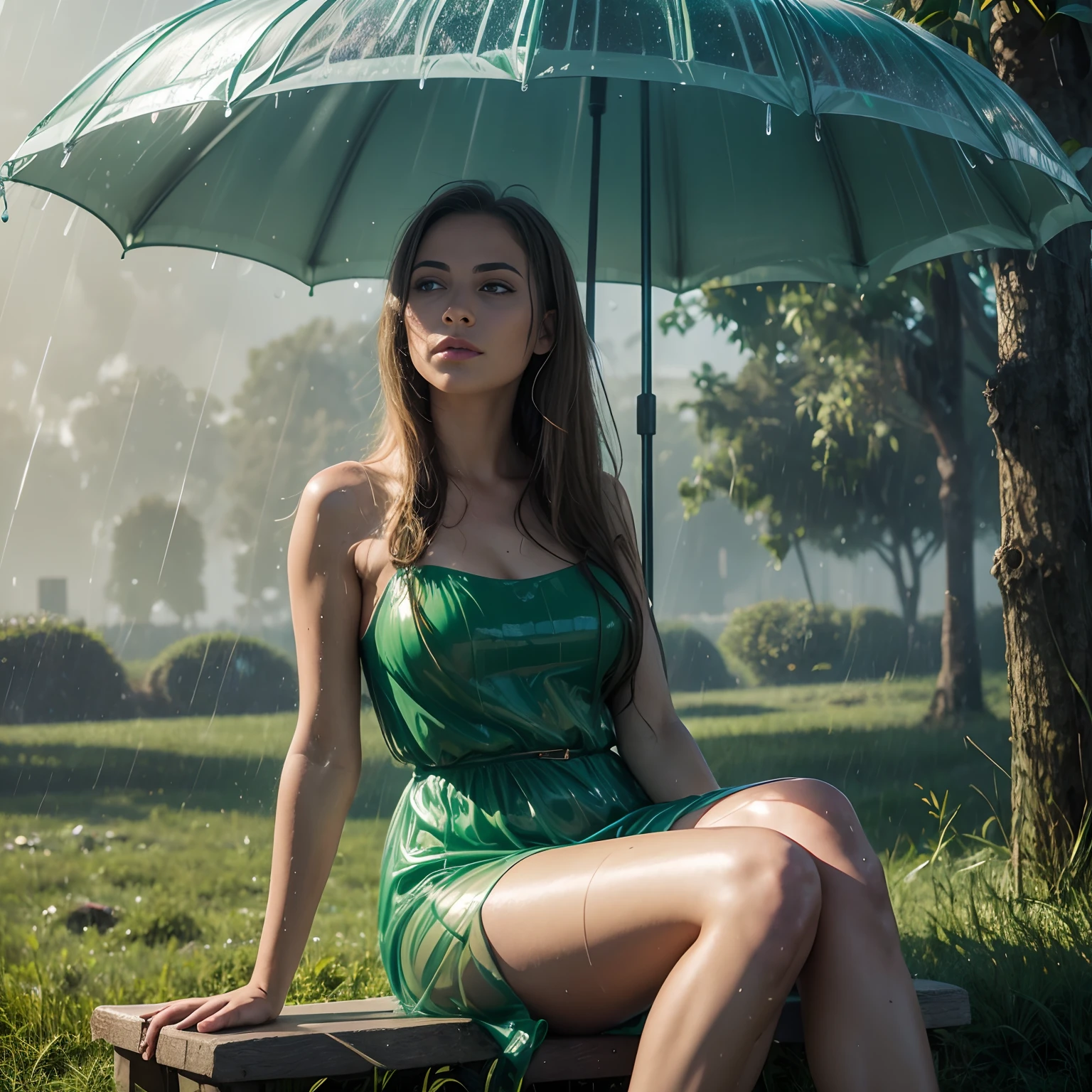 a beautiful young woman in the rain, dress, sitting, green field, Style-Empire, (Style-Glass), (((surrealism))), full_body_shot, dramatic, backlit, light rays, volumetric lighting, detailed face, highly detailed, painting