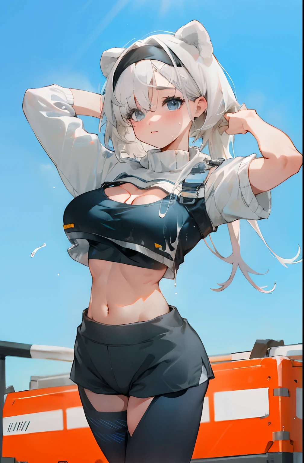 Cowboy shot，Bigboobs，Barefoot，Off-the-shoulder miniskirt，sporty attire，Yoga pants for，cropped shoulders，Show your arms，Leaking out of the arm