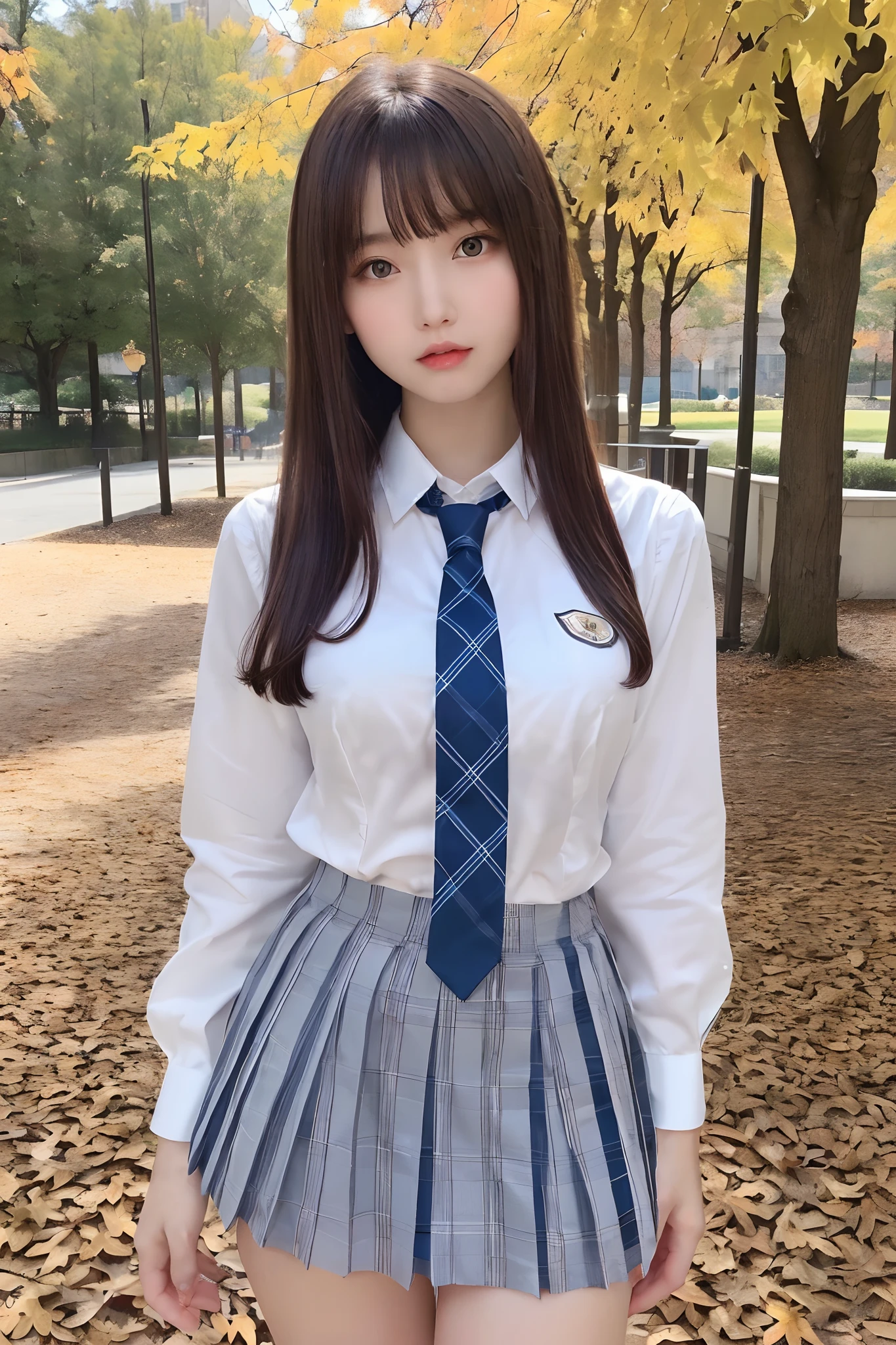 masutepiece, Best Quality, One girl, (Beautiful Girl:1.3), (18 years old:1.3), Very fine eye definition, (Symmetrical eyes:1.3), full body Esbian、(Perfect body without contradiction、Perfect limbs without contradiction:1.7)、(Beautiful large breast、Constricted waist:1.4), Brown eyes, Parted bangs, Brown hair、 (In an autumn park full of light、Standing、Staring at us:1.3)、(Schoolgirl Uniform、With emblem、White blouses、Blue tie、Plaid miniskirt:1.4)、NSFW