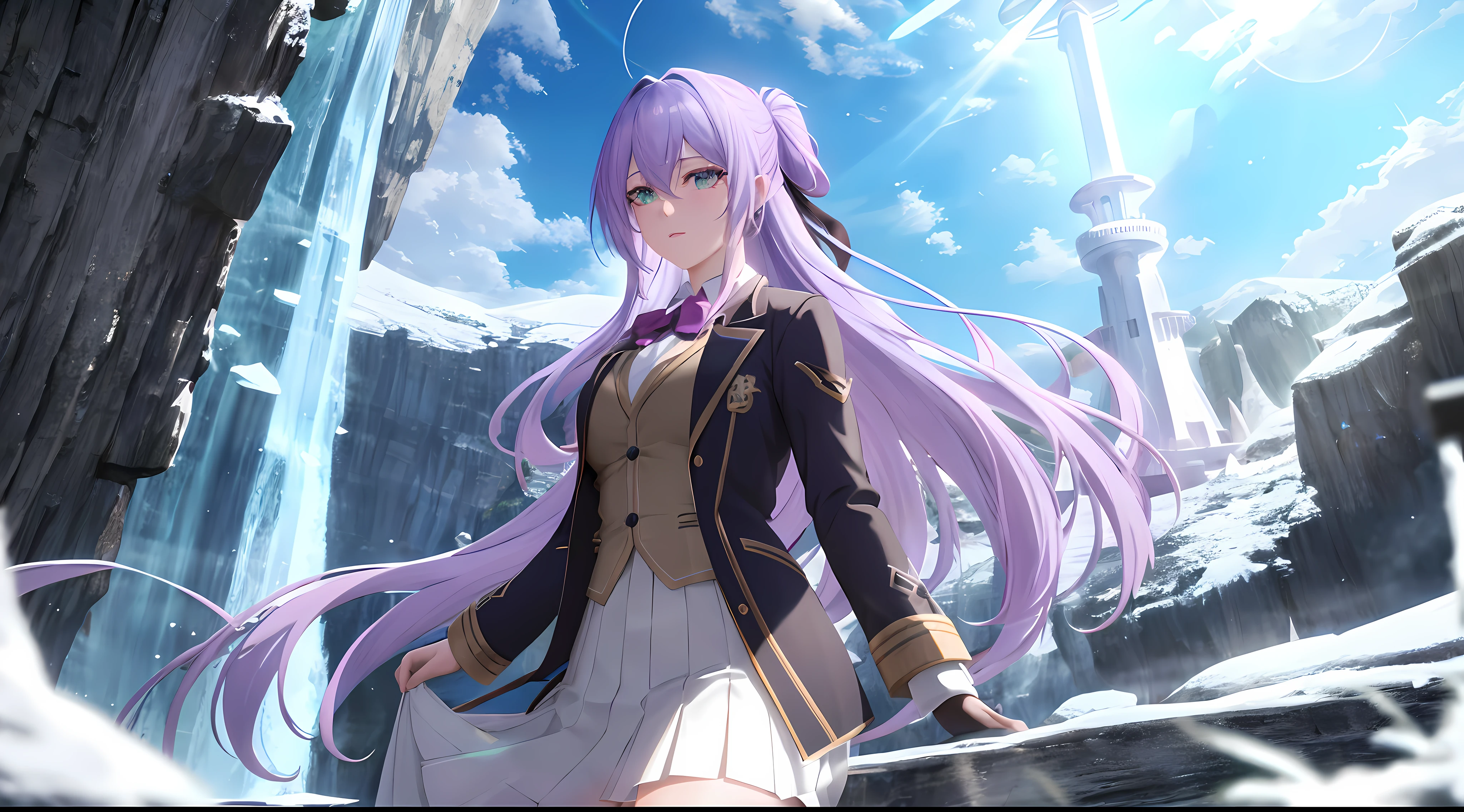 Athena with plain long light purple hair,hair between eyes,green eyes,rosy cheeks,full lips,thin eyebrows,slender body,wearing school coat and full long skirt,cute anime girl,full body,ice cave with river in background,anime style,Lumen Reflections,Screen Space Reflections,Diffraction Grading,Chromatic Aberration,GB Displacement,Scan Lines,Ray Traced,Anti-Aliasing,FXAA,TXAA,RTX,SSAO,Shaders,OpenGL-Shaders, GLSL-Shaders,Post Processing,Post-Production,cell Shading,Tone Mapping,CGI,VFX,SFX,insanely detailed and intricate, 4K,standing, solo, masterpiece, best quality, detailed face, detailed eyes, highres, standing, solo,masterpiece, best quality