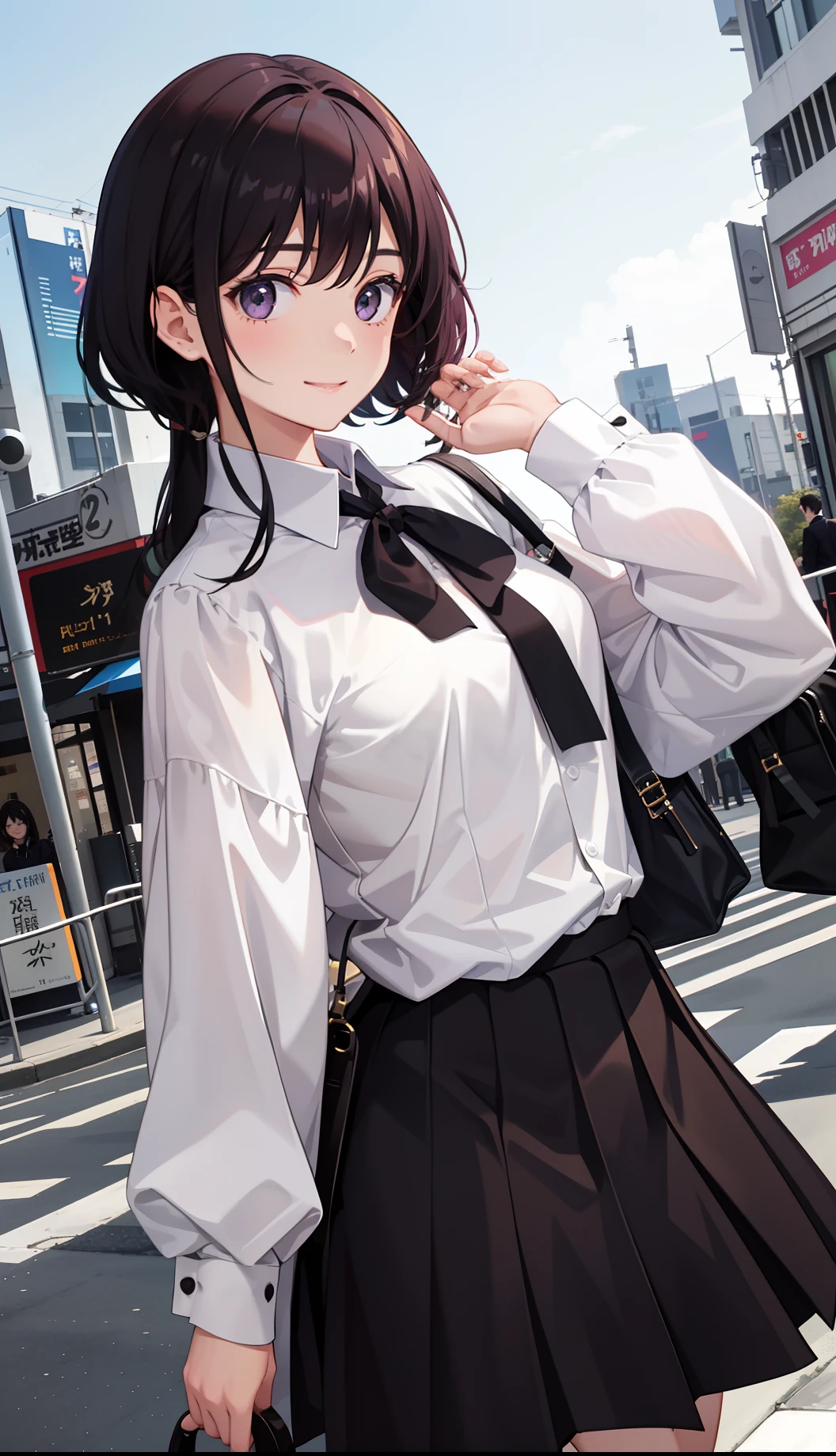 1girl in、A smile、The shirt、Blouse、(paler)skirt by the、(small tits)Chilarism、movement、