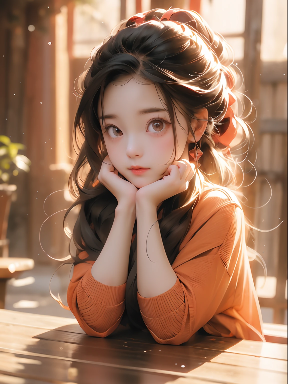 anime girl with big eyes and a Red sweater sitting at a table, cute anime face, cute expression, extremely cute anime girl face, cute natural anime face, cute large eyes , Hands on the chin , big cute eyes, with cute doting eyes, cute detailed digital art, beautiful anime face