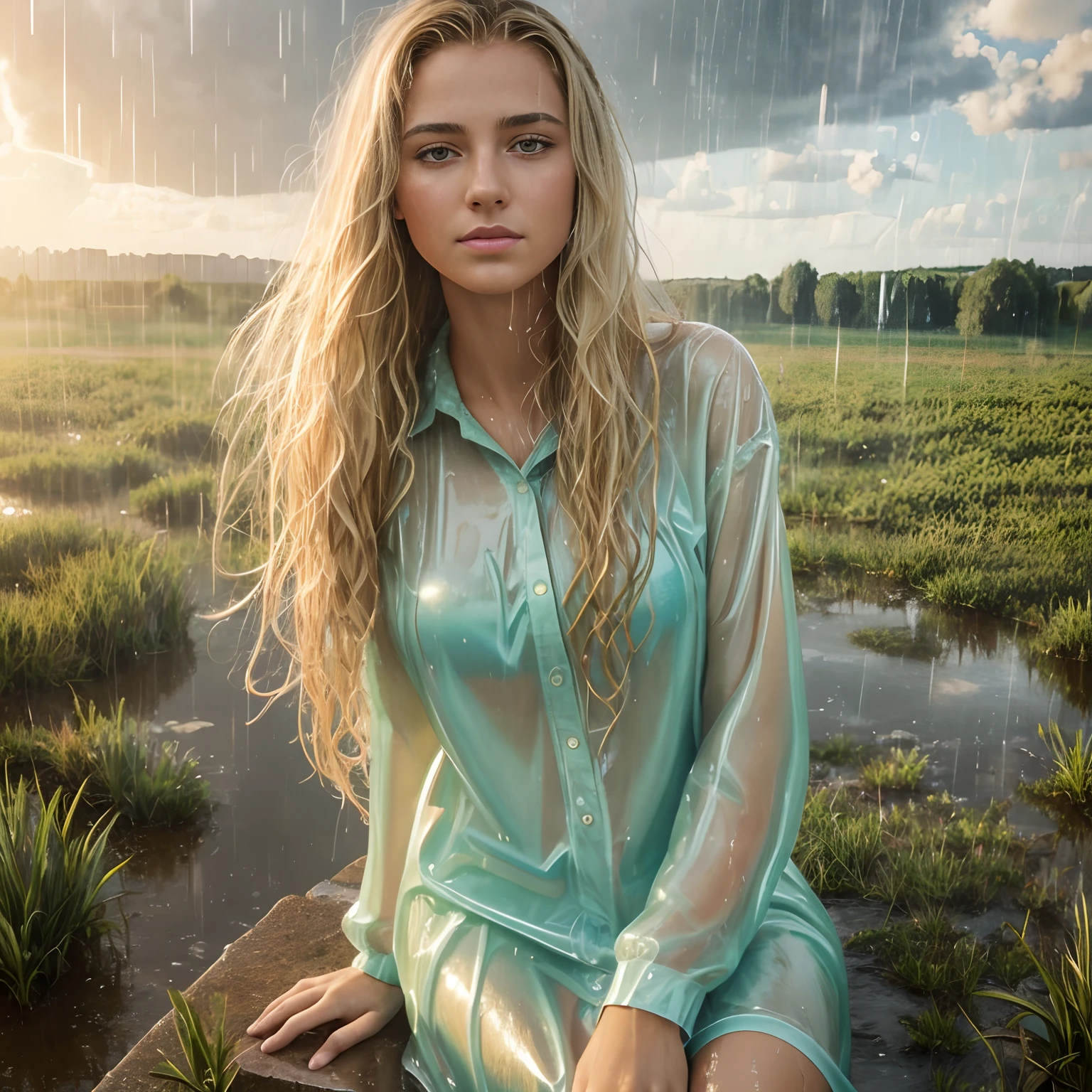 a beautiful young american woman in the rain, dress, sitting, green field, Style-Empire, (Style-Glass), (((surrealism))), full_body_shot, dramatic, backlit, light rays, volumetric lighting, detailed face, highly detailed, painting, wet skin, wet clothes, wet body, wet hair, drenched, soaked, blonde hair, perm, round face, looking at viewer