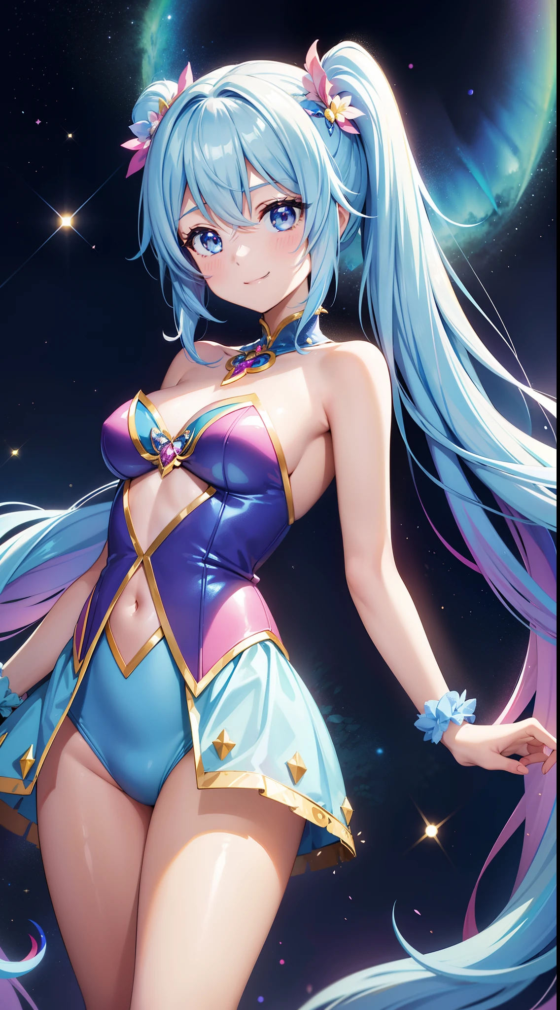 Super Idol　a beauty girl　Outstanding smile　sky blue hair　length hair　Facing straight ahead　Looking at the camera　Twin-tailed　Glittering pink and white、Blue and yellow leotard costume　Mystical　Fantasia　constellation　a moon　Crystal Brilliance　Aurora Borealis in the Night Sky