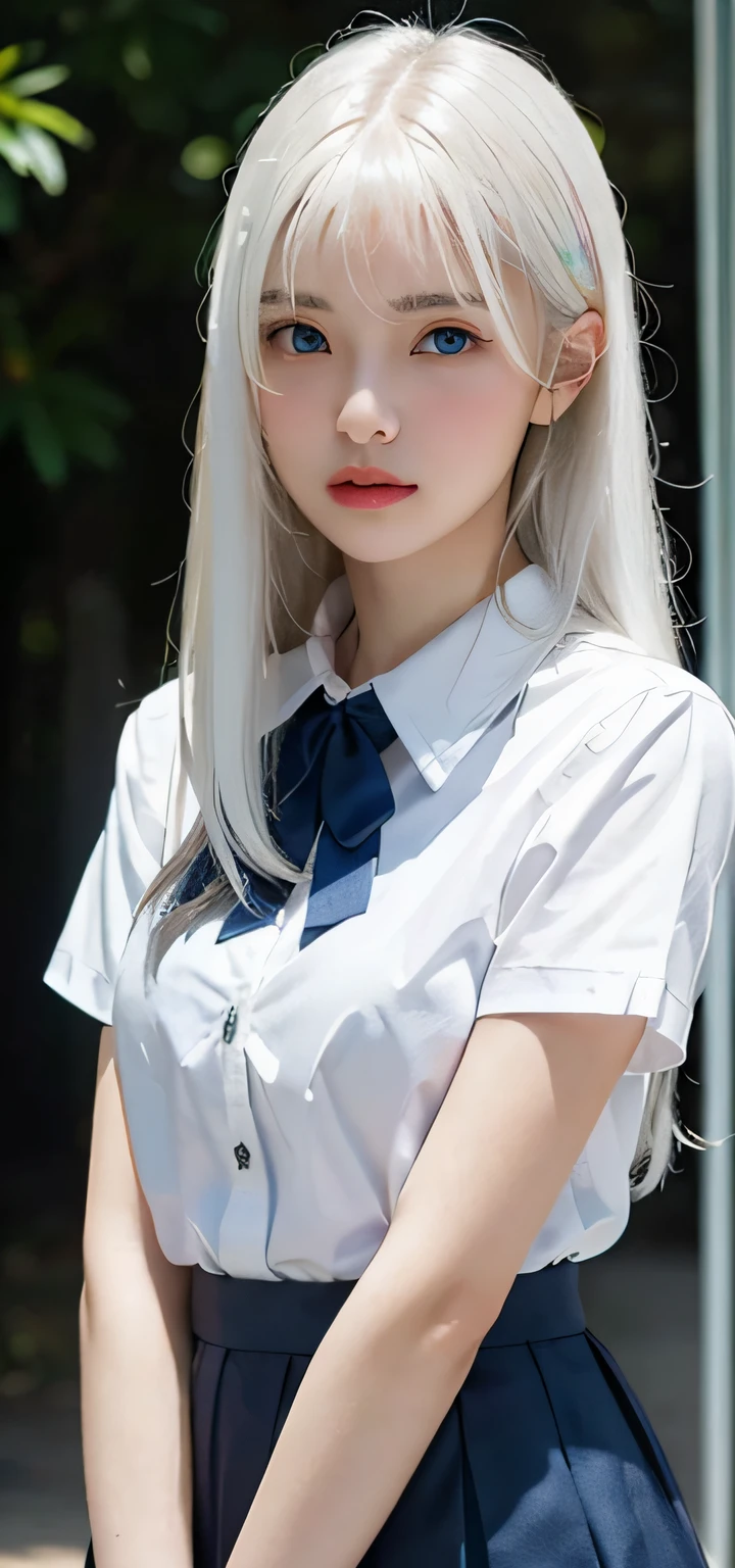 Masterpiece, Best Quality, (Realistic, Super Real, Super Reality:1.5), (Photography), 1girl, (Neat and Innocent Character, Gentle Atmosphere:1.2), ((White Color Hair, (Straight Very Long Moist Hair):1.5)), (Smile:0.8), (Tender eyes), Looking at Viewer, Cowboy Shot, Cinemagraph, BREAK (Perfect beauty, Very Porcelain Skin, Very Fair Skin, Fine and Beautiful Skin, Super Smart, (Faces with random and very beautiful details:1.4), (Symmetrical beautiful face, symmetrical beautiful eyes, (Blue Color Eyes:1.2), Fine Eyes Detail, Fine face:1.3), (Large Eyes, Hyper Detail Eyes, Very Clear Eyes:1.4),1womanl, up of face, Colossal tits,light brown hair, Blunt bangs, hair behind ear, hair over shoulder, Long hair, slender body shape, Ultra Fine Face, Thin face, Delicate lips, Beautiful eyes, thin blush, eyes are light brown, perfect glossy skin, flawless skin, Glistening sweat,View here, Ultra-thin hands, Ultra-fine fingers:realisitic:1.3), Broad-leaved forest, One-person viewpoint, Fuji Film, 8K, masutepiece, nffsw, Super Detail, High quality, Best Quality, hight resolution, ((Don't show your fingertips))、the golden hour Beautiful light, (((Schoolgirl Uniform)))、(((White Short Sleeve Low Cut Front Button Shirt、Dark blue ribbon)))、((Ultra Micro Mini Dark Blue Pleated Skirt)) ((Colossal tits)) (((Positive image:1.3)))