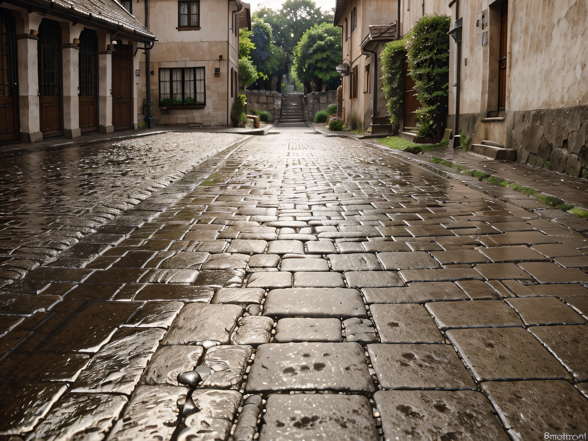 Glistening Cobblestones: Cobblestone streets after rain, the stones glistening in the soft light, creating an old-world charm.