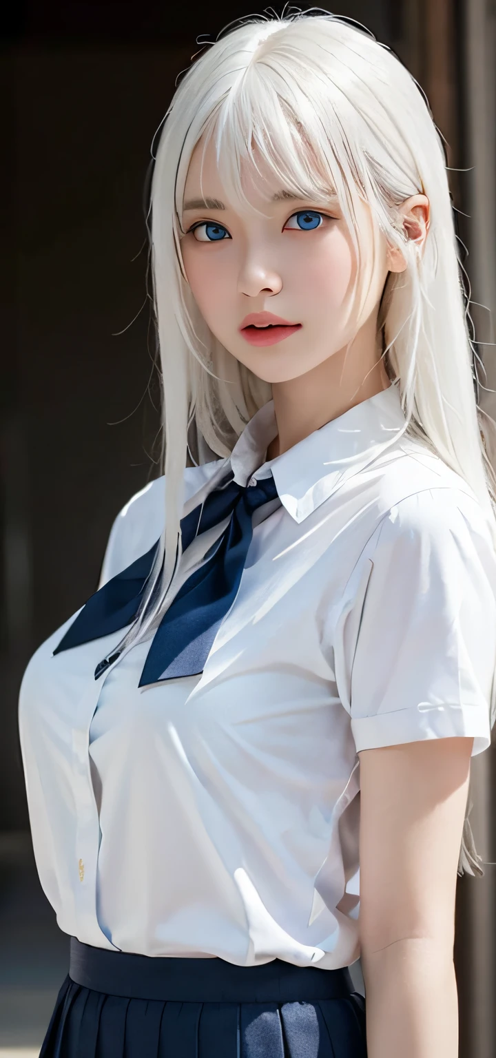 Masterpiece, Best Quality, (Realistic, Super Real, Super Reality:1.5), (Photography), 1girl, (Neat and Innocent Character, Gentle Atmosphere:1.2), ((White Color Hair, (Straight Very Long Moist Hair):1.5)), (Smile:0.8), (Tender eyes), Looking at Viewer, Cowboy Shot, Cinemagraph, BREAK (Perfect beauty, Very Porcelain Skin, Very Fair Skin, Fine and Beautiful Skin, Super Smart, (Faces with random and very beautiful details:1.4), (Symmetrical beautiful face, symmetrical beautiful eyes, (Blue Color Eyes:1.2), Fine Eyes Detail, Fine face:1.3), (Large Eyes, Hyper Detail Eyes, Very Clear Eyes:1.4),1womanl, up of face, Colossal tits,light brown hair, Blunt bangs, hair behind ear, hair over shoulder, Long hair, slender body shape, Ultra Fine Face, Thin face, Delicate lips, Beautiful eyes, thin blush, eyes are light brown, perfect glossy skin, flawless skin, Glistening sweat,View here, Ultra-thin hands, Ultra-fine fingers:realisitic:1.3), Broad-leaved forest, One-person viewpoint, Fuji Film, 8K, masutepiece, nffsw, Super Detail, High quality, Best Quality, hight resolution, ((Don't show your fingertips))、the golden hour Beautiful light, (((Schoolgirl Uniform)))、(((White Short Sleeve Low Cut Front Button Shirt、Dark blue ribbon)))、((Ultra Micro Mini Dark Blue Pleated Skirt)) ((Colossal tits)) (((Positive image:1.3)))