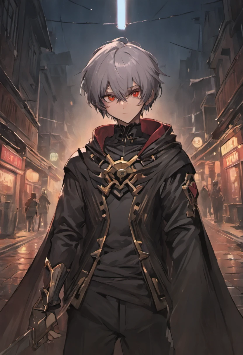 (ultra-detailed CG unit 8k wallpaper, Master parts, Best quality, depth of fields, hdr), 1boy, anime character, short silver hair, long black cape, turtleneck, serious, mask in the eyes, The mask is painted with a scary smile, white mask, The mask fits the face just right, on top of a old town (night) , vigilant, trained physique, assassin style, black clothing all over the body, agile, light armor, anime (Master parts: 1.4) (illustration: 1.4), Red studio lighting, Post-processing, 8K resolution, deep dark background, imponent, Well-composed photos, Impressive, (darken: 1.5)