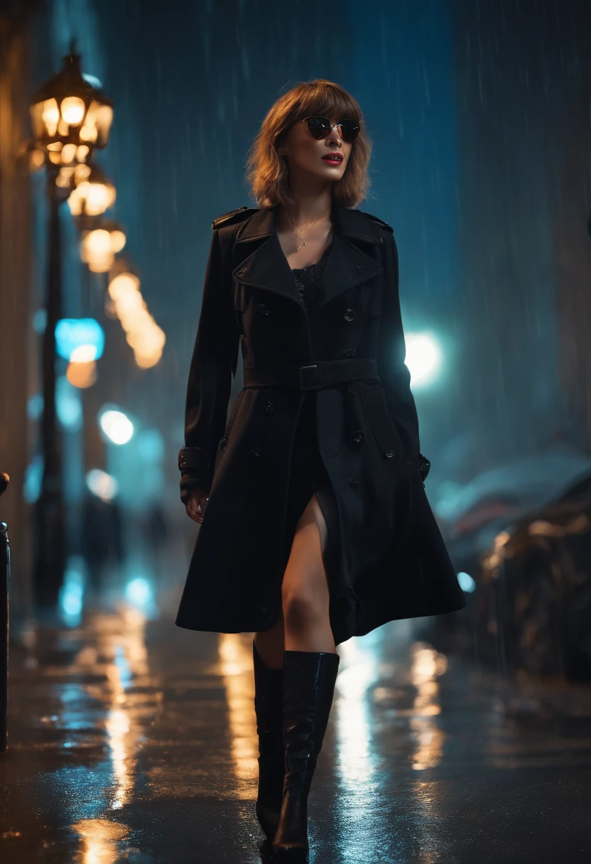 Masterpiece, top quality, illustration, {beautiful detail girl}, beautiful glow in detail, crossdressing beauty, (black jacket and trench coat), sunglasses, laughter, fangs removed, vampire, indigo eyes, rainy street corner, rain, detailed lighting, detailed water, (beautiful detailed eyes: 1.1), expressionless palace, (short hair), long bangs, hair between the eyes, top half,
