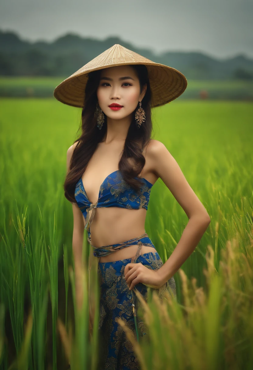 Create a picture of a beautiful Vietnamese girl without clothes, Behind her is a rice field