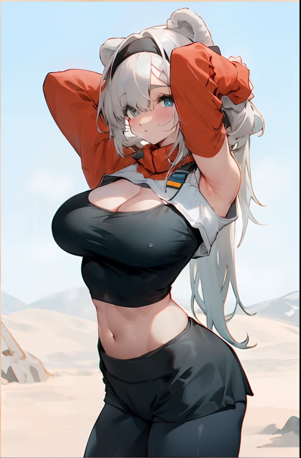 Cowboy shot,Bigboobs,Barefoot,Off-the-shoulder miniskirt,sporty attire,Yoga pants for,cropped shoulders,Show your arms,Leakage from the arm
