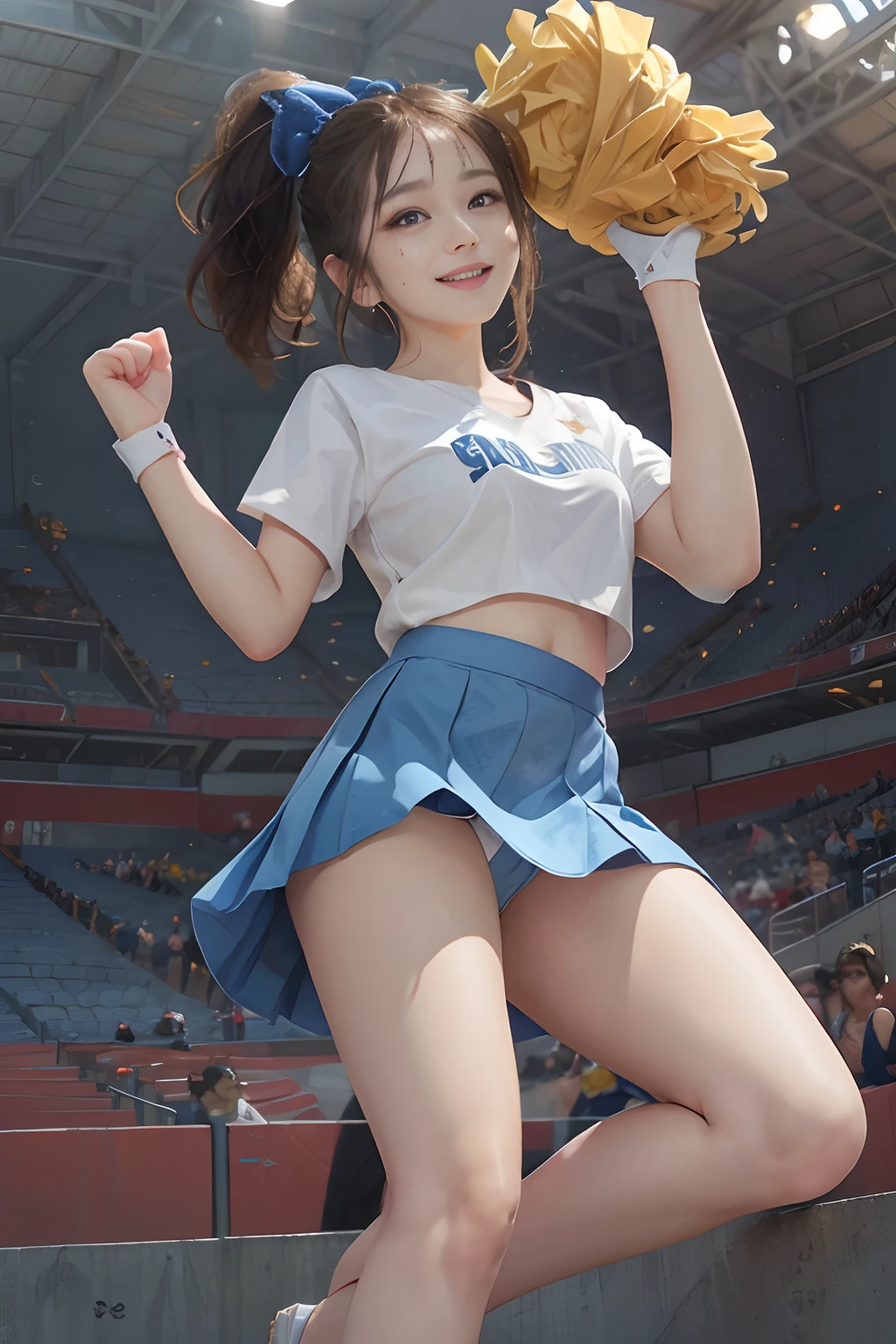 Pubic hair grows、Smile full of happiness、((:1.3))、、、Panting face、Lacking、After being attacked、Sweating、Expression in a state of excitement、poneyTail、eye glass、((:1.1))、White panties seem to flicker、((1 beautiful girl)), extremely detailed CG unified 8k wallpaper, Highly detailed, RAW color photo, Professional Photography, Realistic, top-quality、hight resolution、ultra-detailliert、masterpiece、Raw photography、realisitic、Photorealsitic、extremely delicate and beautiful、finely detail、Textured skin、poneyTail、full-shot、(Sky from below)、1womanl、japanes、18year old、(Professional Baseball Team Cheerleading)、(Cheering seats in the stadium)、(beauitful face:1.5)、(Showing white panties:1.2)、(Highkick:1.5)、itting open legs、Open your crotch、(Pubic hair sticking out of panties)、Cheering uniform、(Blue mini skirt:1.5)、tall、Brown hair、Wearing makeup、(Bare legs:1.5)、Do not wear anything on your arm、perfectly proportions、(At SFW)