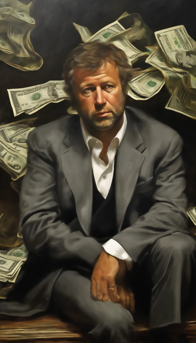 ROMAN ABRAMOVICH lutando contra o dinheiro, oil painting, pinceladas duras, dramatic lighting, intense expression, Olhos determinados, punhos cerrados, suor escorrendo pelo rosto, terno enrugado, Broken streams, Crumbling dollar bills, Chart of the crumbling stock market, smoke rising in the background, preto e branco com um toque de ouro, Realismo. (best quality, Alto, ultra-detalhado), (Realistic:1.37), profissional, vivid colors. With a background with the image of the Kremlin in Russia