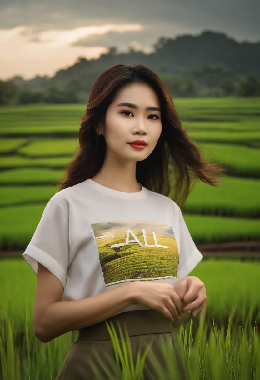 Create a picture of a beautiful Vietnamese girl wearing a shirt with the word LAL, Behind her is a rice field