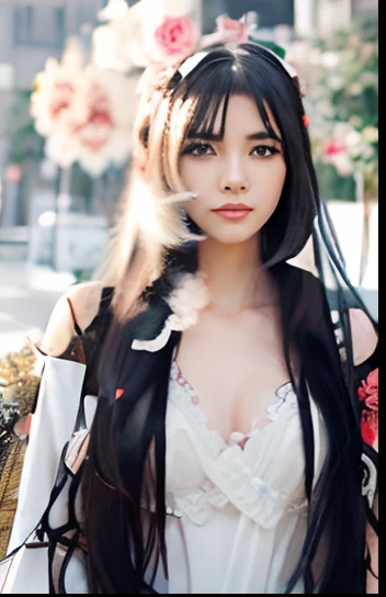 anime girl with long black hair and a white dress with red roses, tattoo, detailed beautiful eyes, guweiz, guweiz on pixiv artstation, detailed digital anime art, beautiful anime girl, guweiz on artstation pixiv, anime style 4 k, kawacy, beautiful anime portrait, detailed portrait of anime girl, detailed anime art, beautiful anime woman