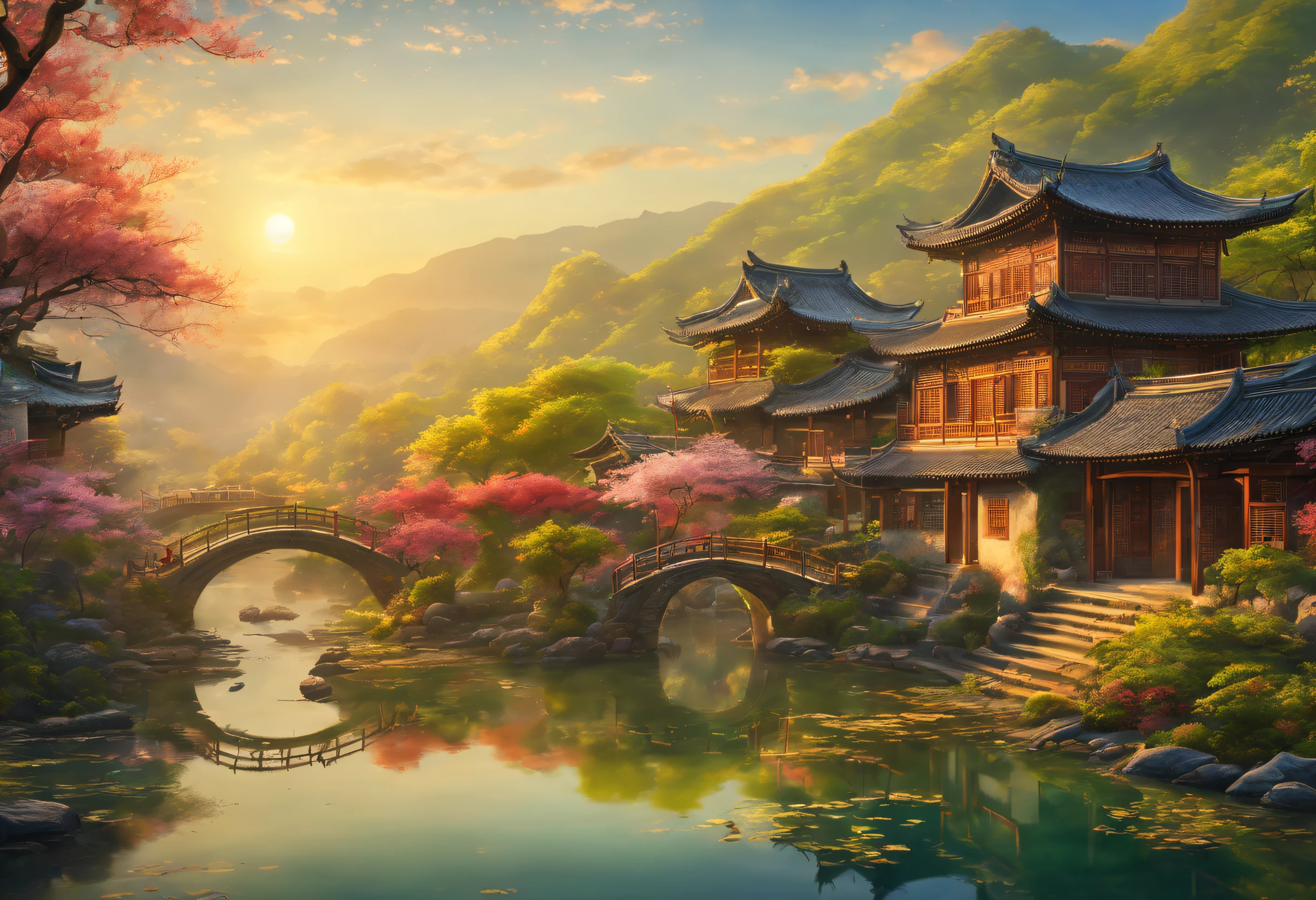 （Colorful）, （Semi-realistic）, Vibrant riverside scene from ancient China, (Quiet river water)Show on(Elegant arch bridge)oblique, (Local villagers)in the(Picturesque mansion), （Depiction of the Ming Dynasty：1.1）, Gangnam Ancient Town, Small bridges and flowing water, Idyllic farmland outside the bustling city, （sunny morning:1.2）, （Fine brushwork：1.1）, Dynamic depiction, Waterside panorama, Authentic atmosphere, Vivid authenticity, enchanting charm, Rich Pictures, 8K分辨率, 1.4x realism, Art deco, projected inset, Sony FE GM, wide angles, Super Detail, Best Quality, hight resolution