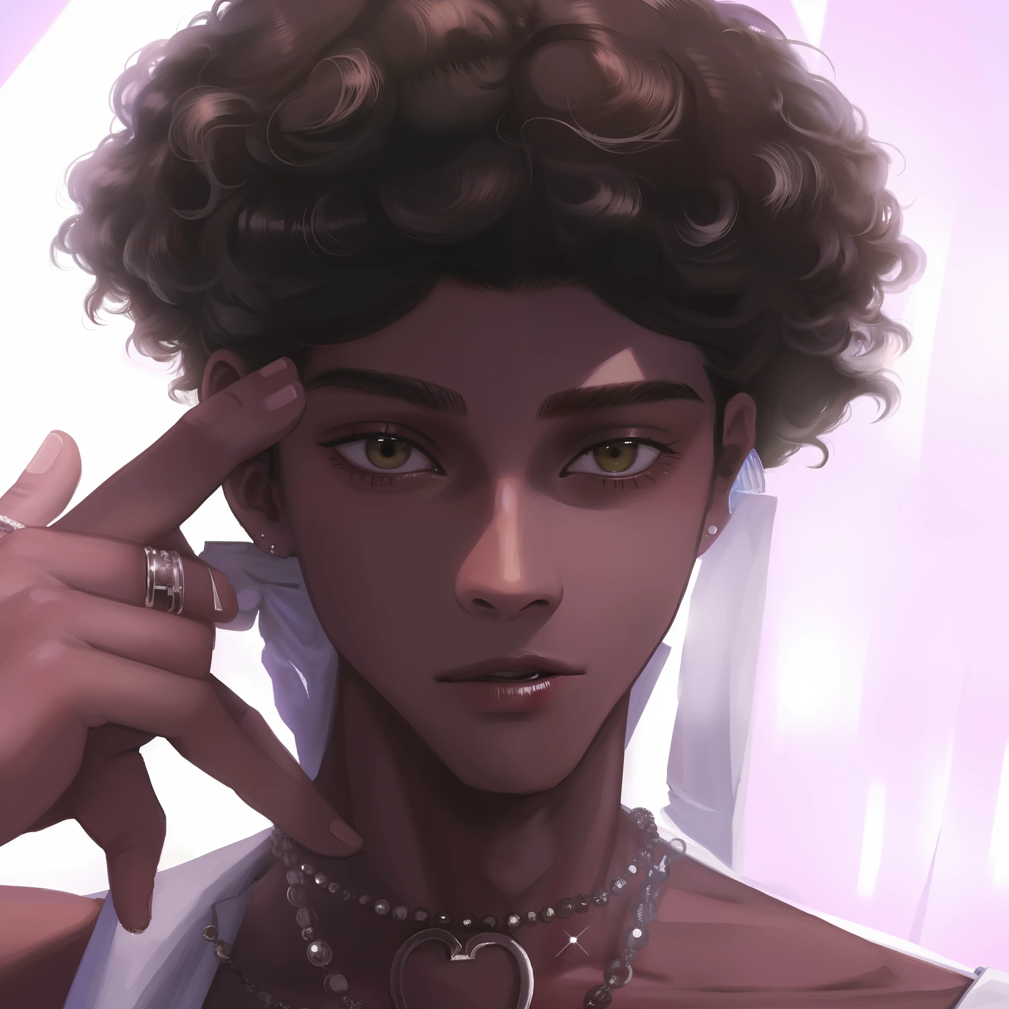 There's a man with a necklace around his neck making a face, xxxtentacion, taken in the early 2020s, com afro, um homem negro com longos cabelos cacheados, Adolescente negro, com o dedo indicador, Jovem bandido, ele tem cabelos castanhos curtos e cacheados, afro encaracolado, curls on top of his head, afro, foto em estilo de Tyler Mitchell