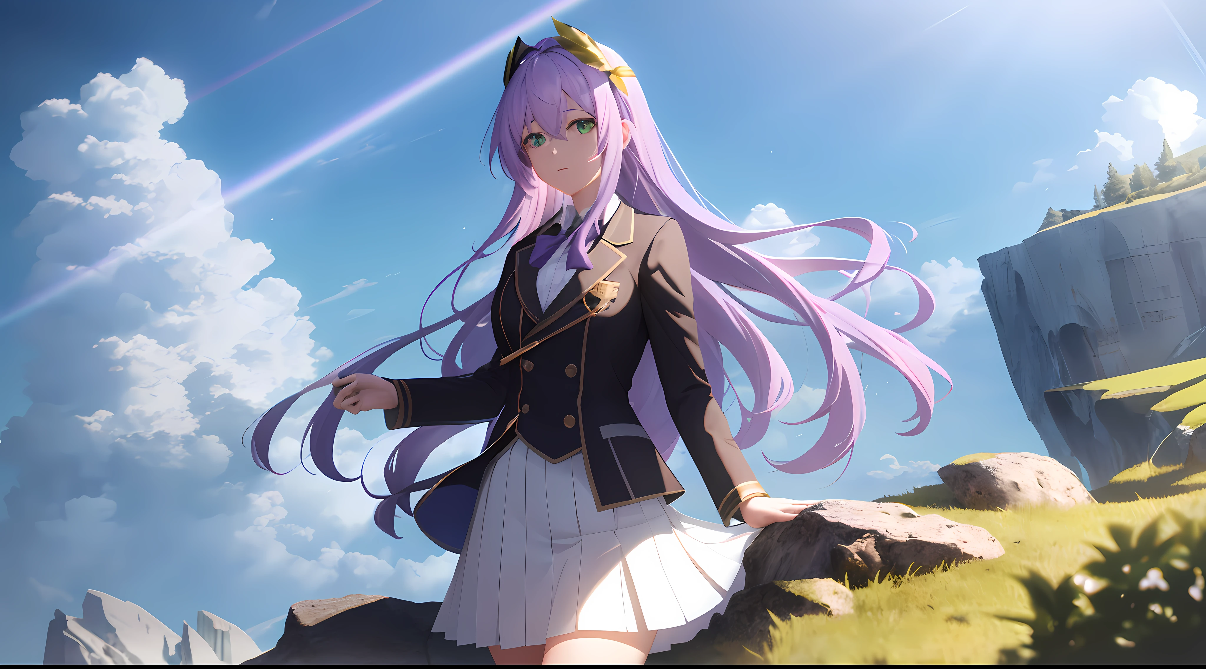 Athena with plain long light purple hair,hair between eyes,green eyes,rosy cheeks,full lips,thin eyebrows,slender body,wearing school coat and full long skirt,cute anime girl,full body,rocky cliff sea in background,anime style,Lumen Reflections,Screen Space Reflections,Diffraction Grading,Chromatic Aberration,GB Displacement,Scan Lines,Ray Traced,Anti-Aliasing,FXAA,TXAA,RTX,SSAO,Shaders,OpenGL-Shaders, GLSL-Shaders,Post Processing,Post-Production,cell Shading,Tone Mapping,CGI,VFX,SFX,insanely detailed and intricate, 4K,standing, solo, masterpiece, best quality, detailed face, detailed eyes, highres, standing, solo,masterpiece, best quality