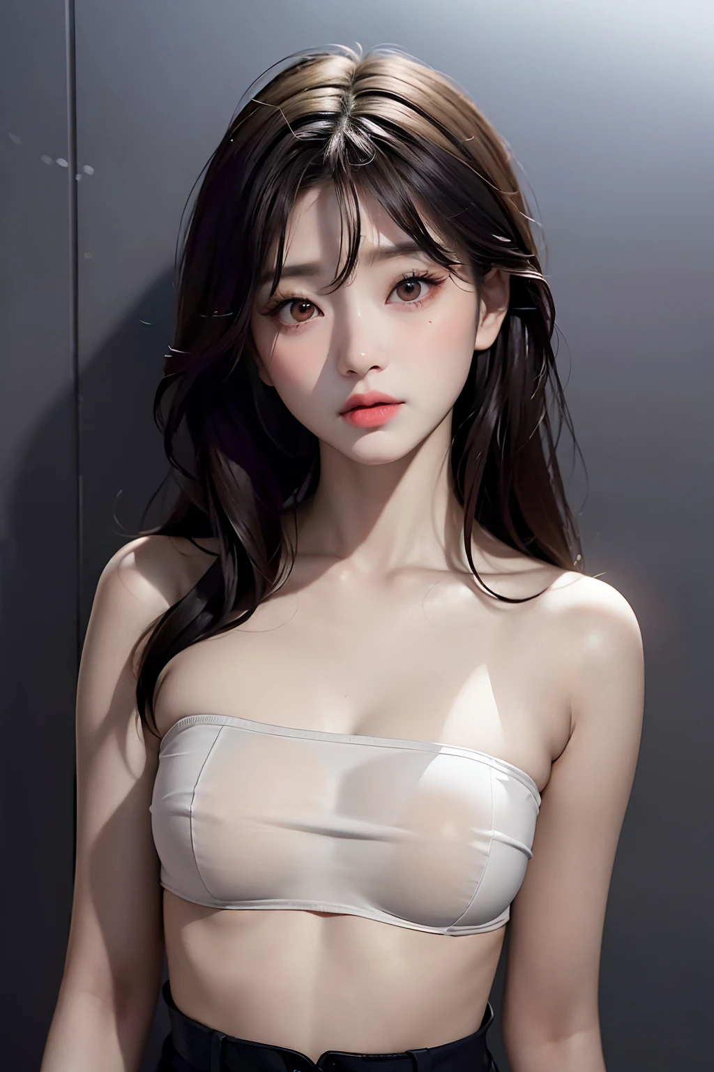 tmasterpiece，best qualtiy，（Dark photograph：1.3），realisticlying，1girl，By bangs，stunning innocent symmetry face，The shirt，Emotional，ulzzang，（PureErosFace_V1：0.7）