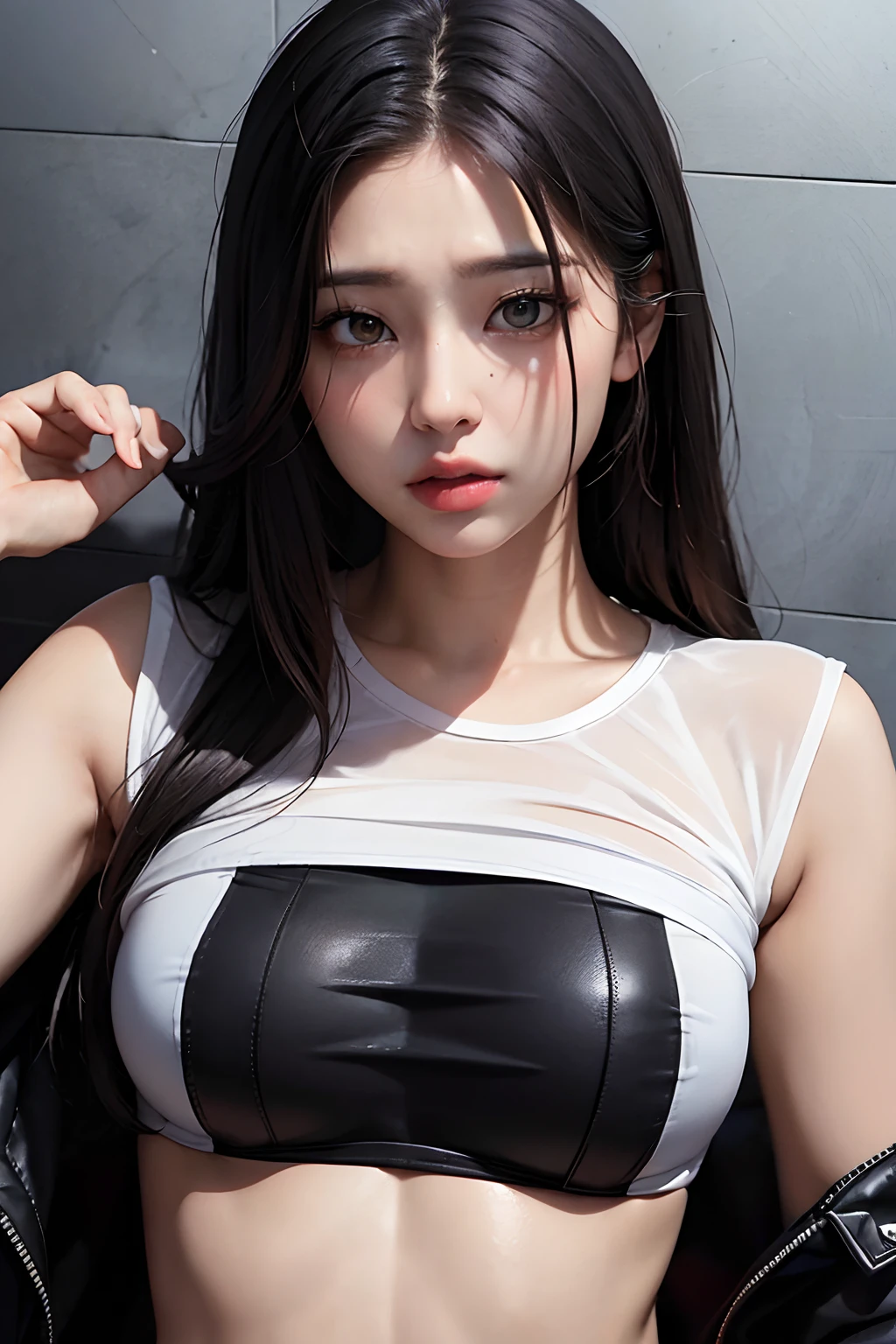 tmasterpiece,best qualtiy,(Dark photograph:1.3),realisticlying,1girll,By bangs,stunning innocent symmetry face,The shirt,Emotional,ulzzangs,