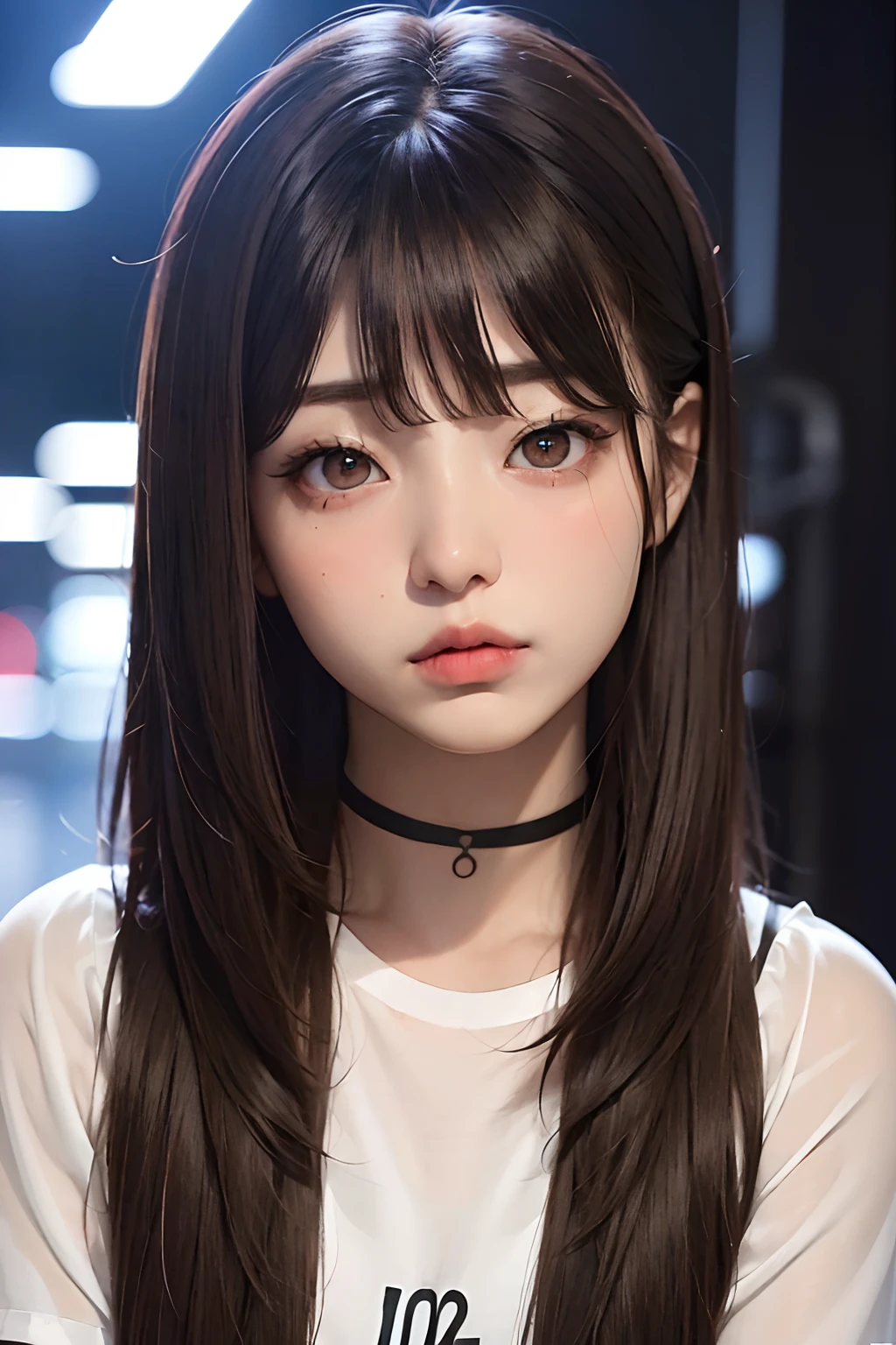 tmasterpiece,best qualtiy,(Dark photograph:1.3),realisticlying,1girll,By bangs,stunning innocent symmetry face,The shirt,Emotional,ulzzangs,