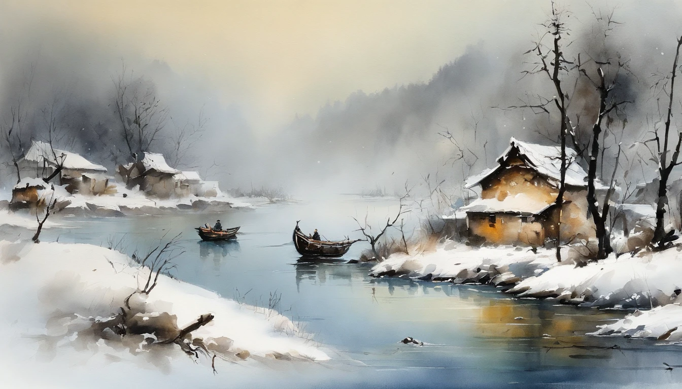 Chinese landscape painting，ink and watercolor painting，water ink，ink，Smudge，Faraway view，Ultra-wide viewing angle，Meticulous，Fishing boat vistas，Meticulous，Smudge，low-saturation，Low contrast，Fishing alone in the cold river snow，snow landscape，Beautifully depicted，A detailed，acurate，Works of masters，tmasterpiece