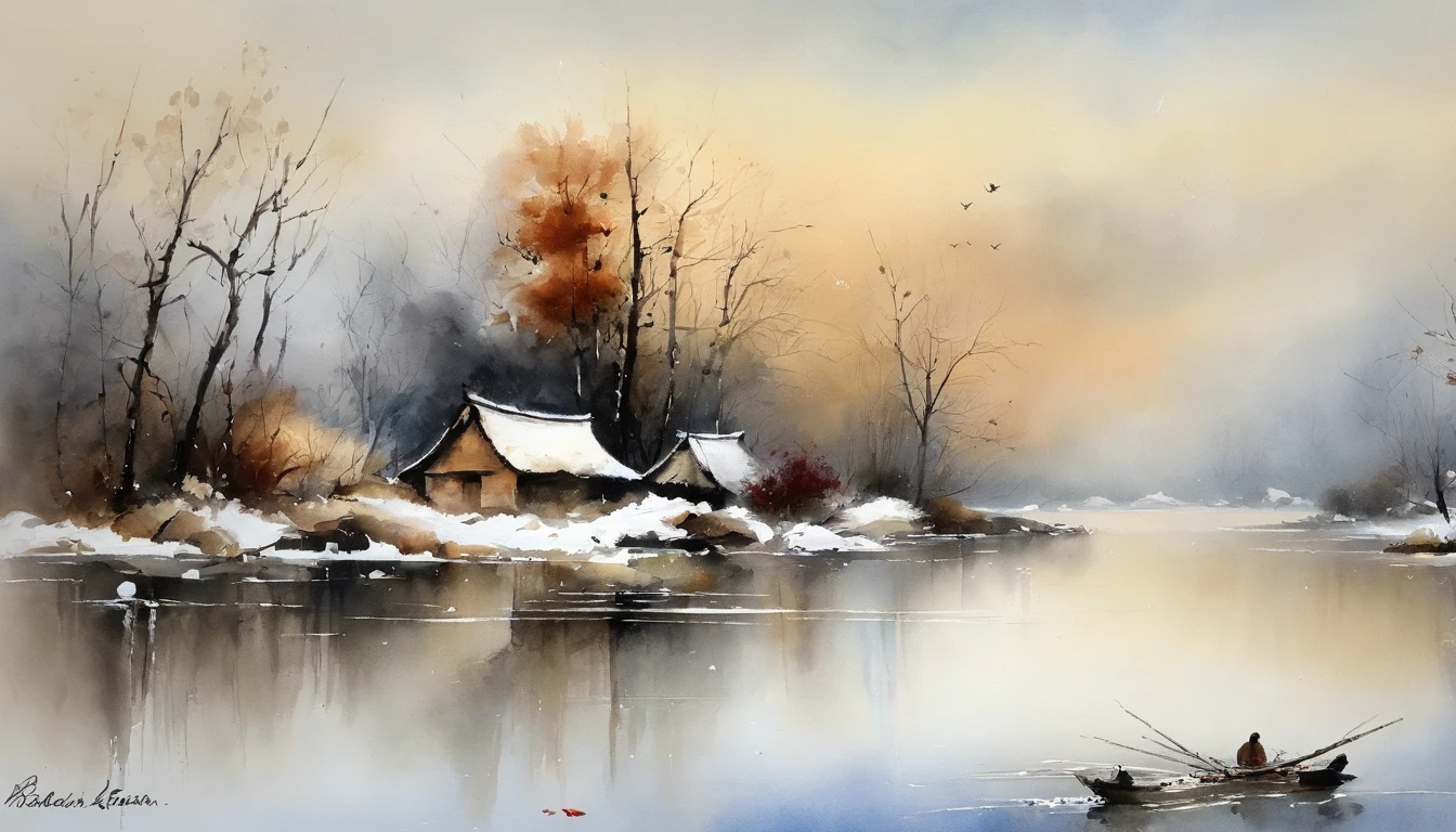 Chinese landscape painting，ink and watercolor painting，water ink，ink，Smudge，Faraway view，Ultra-wide viewing angle，Meticulous，Fishing boat vistas，Meticulous，Smudge，low-saturation，Low contrast，Fishing alone in the cold river snow，snow landscape，Beautifully depicted，A detailed，acurate，Works of masters，tmasterpiece