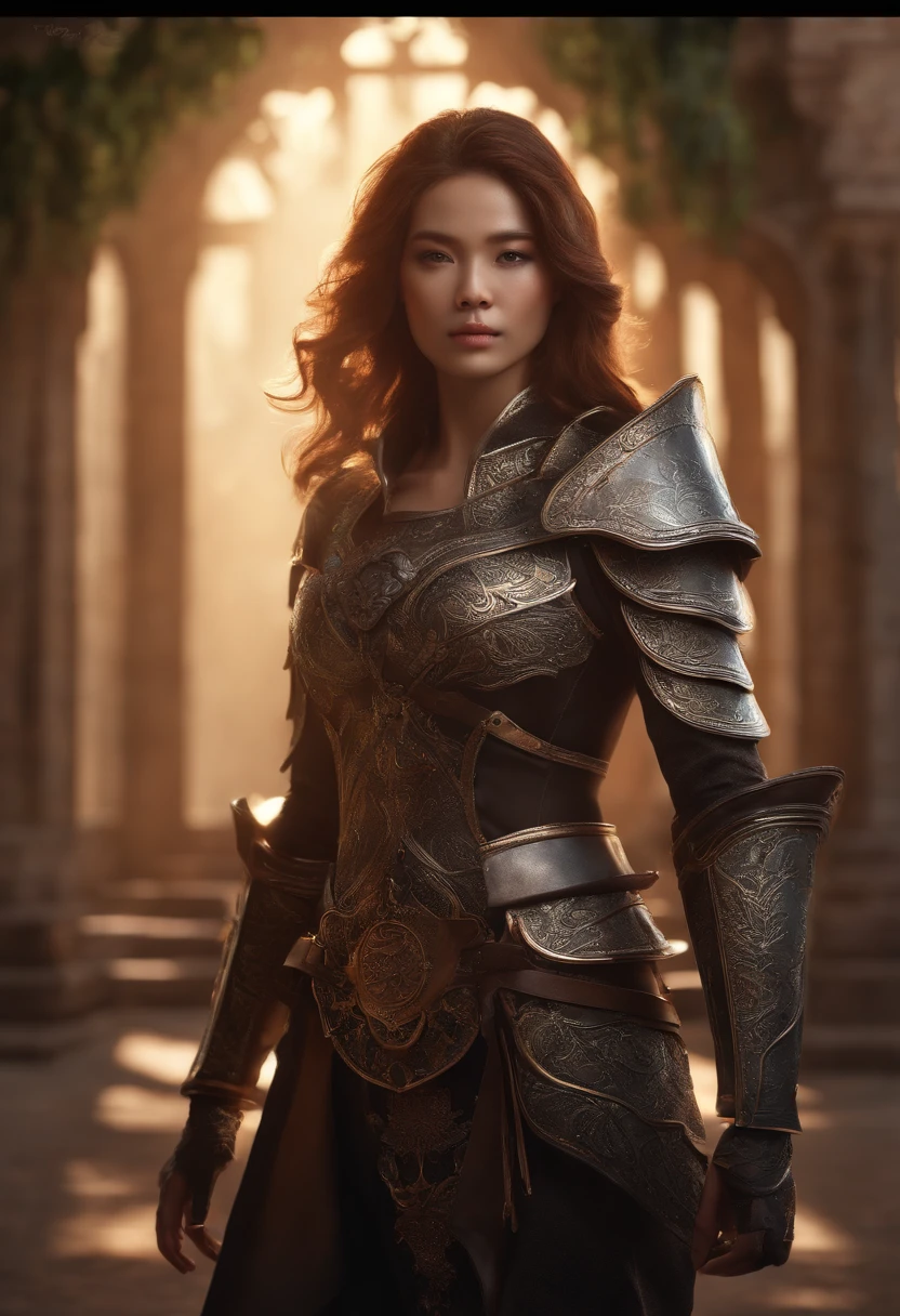 (Absurdres, Intricate Details, Masterpiece, Best Quality, High Resolution, 8k), 1 male, thin, young, aged up, masked, finely detailed eyes and face, auburn low-fade hair, amber eyes, portrait,  looking at viewer, solo, half shot, detailed background, (light fantasy theme:1.1),  focusing, mercenary,  sunshine, floating scraps,  color plate armor, divine aura, bright realistic lighting, marble castle, intense atmosphere, circlet, coat of arms,  brazier,  , Depth of Field, VFX. wear an eyepatch Beautiful Vietnamese girl wearing lingerie with the word LAL