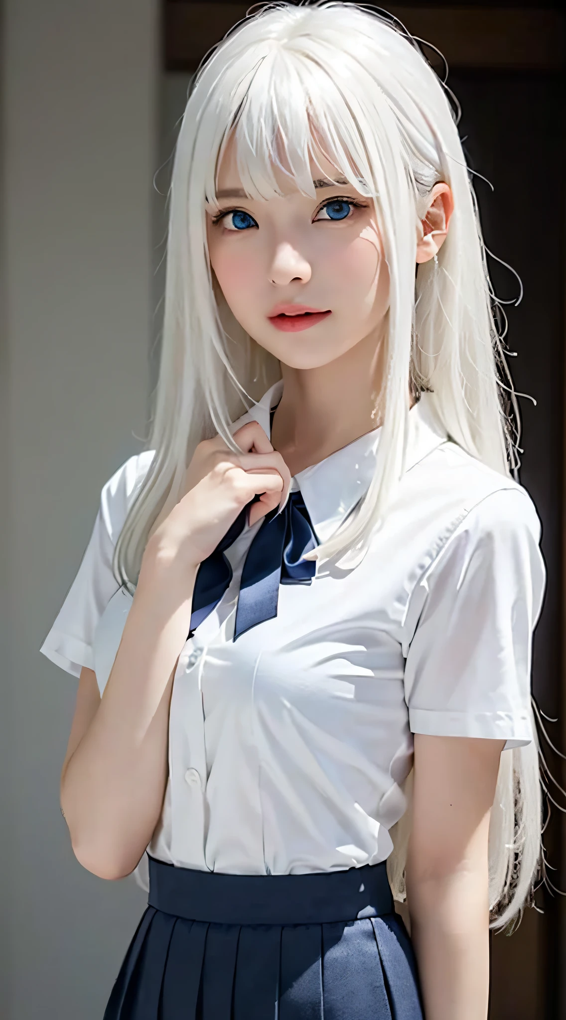 Masterpiece, Best Quality, (Realistic, Super Real, Super Reality:1.5), (Photography), 1girl, (Neat and Innocent Character, Gentle Atmosphere:1.2), ((White Color Hair, (Straight Very Long Moist Hair):1.5)), (Smile:0.8), (Tender eyes), Looking at Viewer, Cowboy Shot, Cinemagraph, BREAK (Perfect beauty, Very Porcelain Skin, Very Fair Skin, Fine and Beautiful Skin, Super Smart, (Faces with random and very beautiful details:1.4), (Symmetrical beautiful face, symmetrical beautiful eyes, (Blue Color Eyes:1.2), Fine Eyes Detail, Fine face:1.3), (Large Eyes, Hyper Detail Eyes, Very Clear Eyes:1.4),1womanl, up of face, Colossal tits,light brown hair, Blunt bangs, hair behind ear, hair over shoulder, Long hair, slender body shape, Ultra Fine Face, Thin face, Delicate lips, Beautiful eyes, thin blush, eyes are light brown, perfect glossy skin, flawless skin, Glistening sweat,View here, Ultra-thin hands, Ultra-fine fingers:realisitic:1.3), Broad-leaved forest, One-person viewpoint, Fuji Film, 8K, masutepiece, nffsw, Super Detail, High quality, Best Quality, hight resolution, ((Don't show your fingertips))、the golden hour　Beautiful light, (((Schoolgirl Uniform)))、(((White Short Sleeve Low Cut Front Button Shirt、Dark blue ribbon)))、((Ultra Micro Mini Dark Blue Pleated Skirt)) ((Colossal tits)) (((Positive image:1.3)))